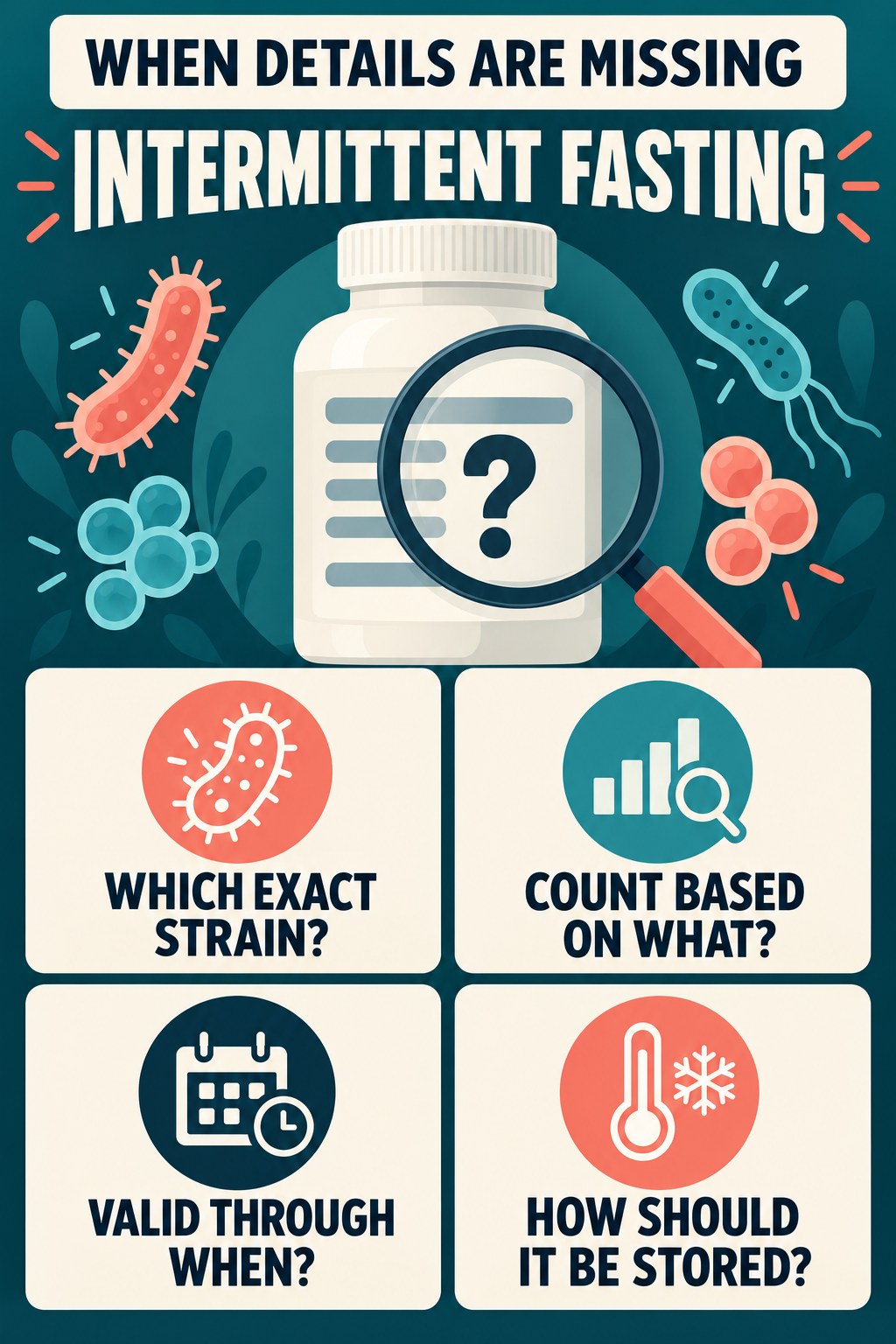 Questions to Ask About an Incomplete Label infographic for Intermittent Fasting with four concise probiotic-label reading points.