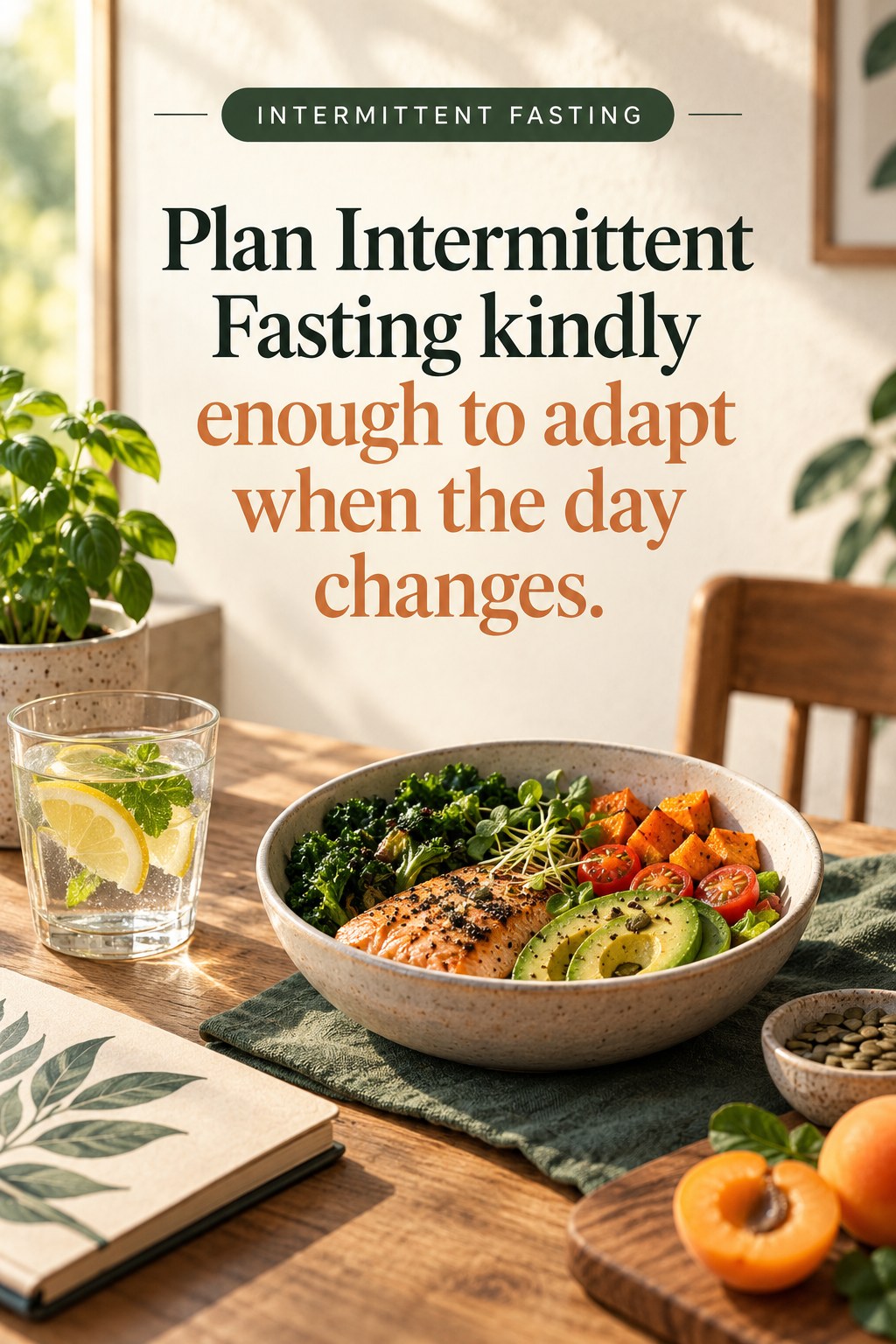 Original Intermittent Fasting quote graphic reading “Plan Intermittent Fasting kindly enough to adapt when the day changes.” in a board-relevant editorial design.
