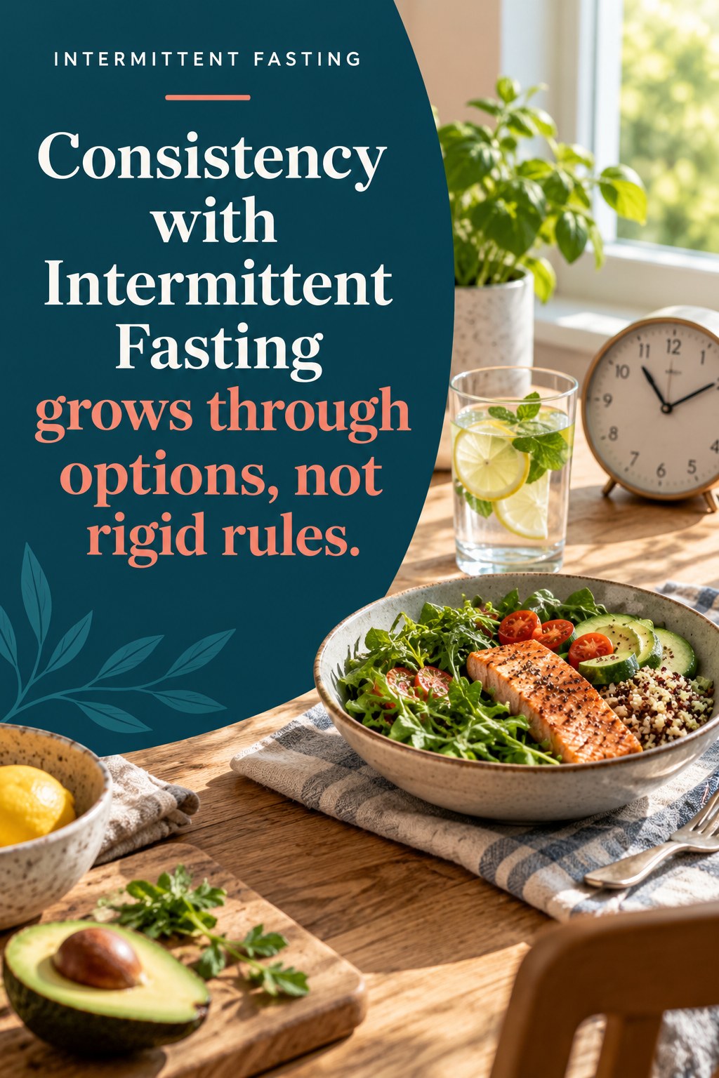 Original Intermittent Fasting quote graphic reading “Consistency with Intermittent Fasting grows through options, not rigid rules.” in a board-relevant editorial design.