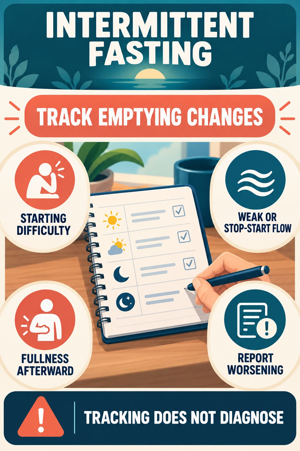 Record Stream and Emptying Changes urinary symptom tracking infographic for Intermittent Fasting with four practical diary points and a non-diagnostic reminder.