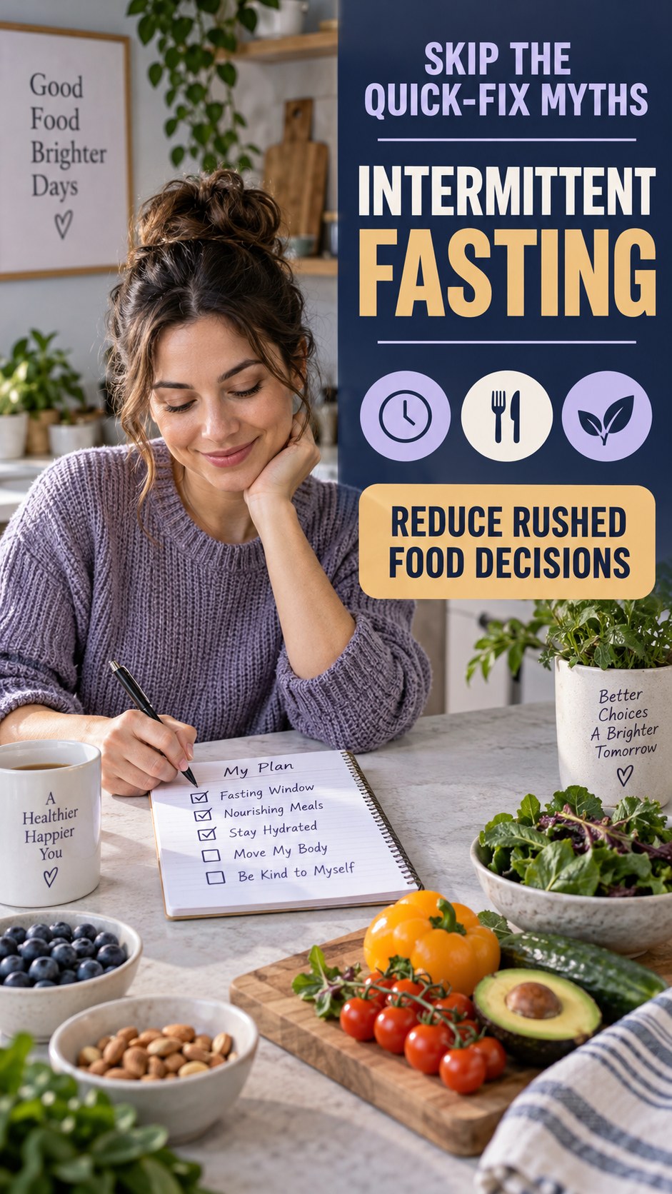 Mindful Meal Decisions infographic for Intermittent Fasting, showing practical metabolism-support habits for an active lifestyle.