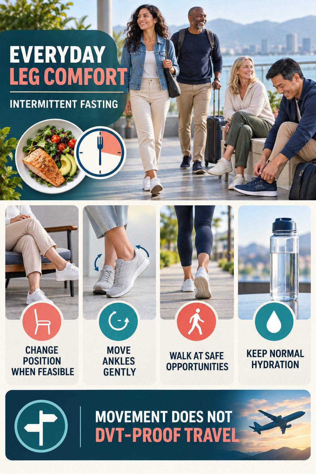 Travel Leg Comfort infographic for Intermittent Fasting with five gentle movement, position, footwear, recovery, or safety actions.