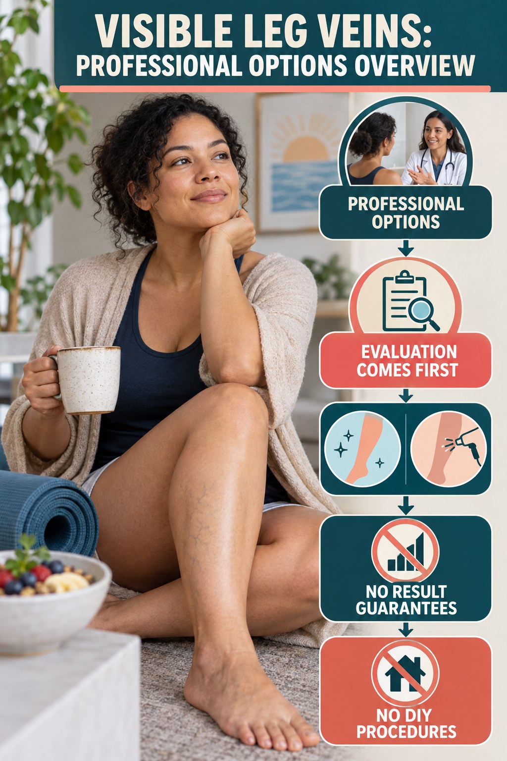 Professional Options Overview infographic for Intermittent Fasting, showing body-neutral visible-leg-vein appearance care and the boundary between temporary cosmetic support and treatment.