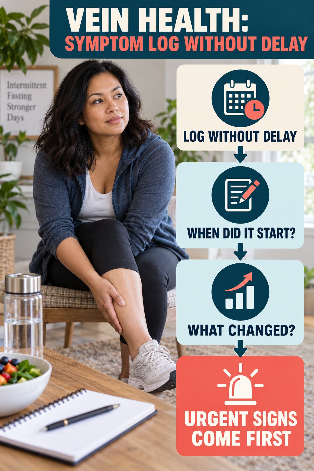 Symptom Log Without Delay infographic for Intermittent Fasting, explaining vein-health warning signs and the appropriate next action without diagnosing a condition.