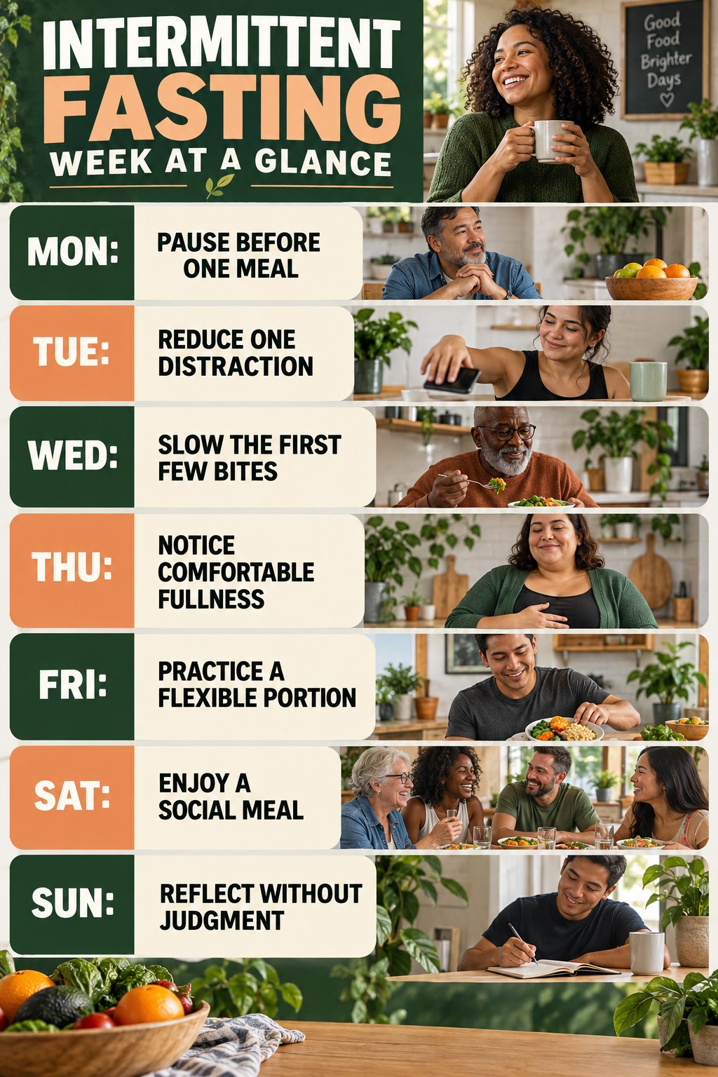 Weekly Intermittent Fasting plan graphic with concise Monday-to-Sunday actions and flexible recovery guidance.