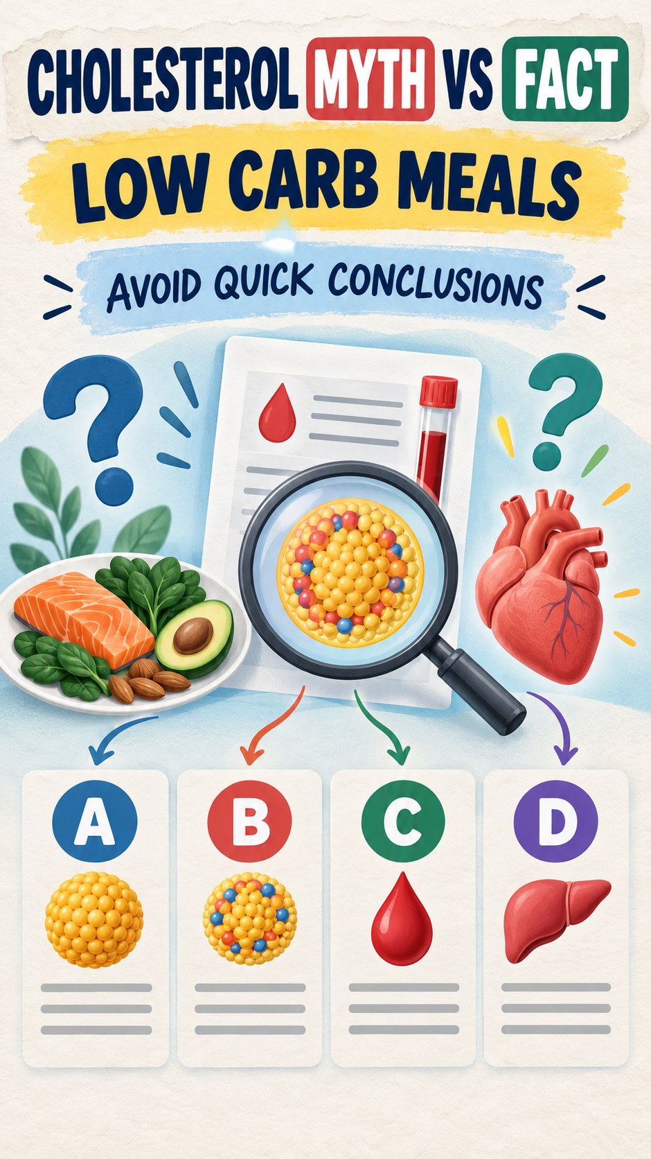 Cholesterol Myth Versus Fact infographic for Low Carb Meals, using a non-numerical educational lipid-panel layout with question and context icons.