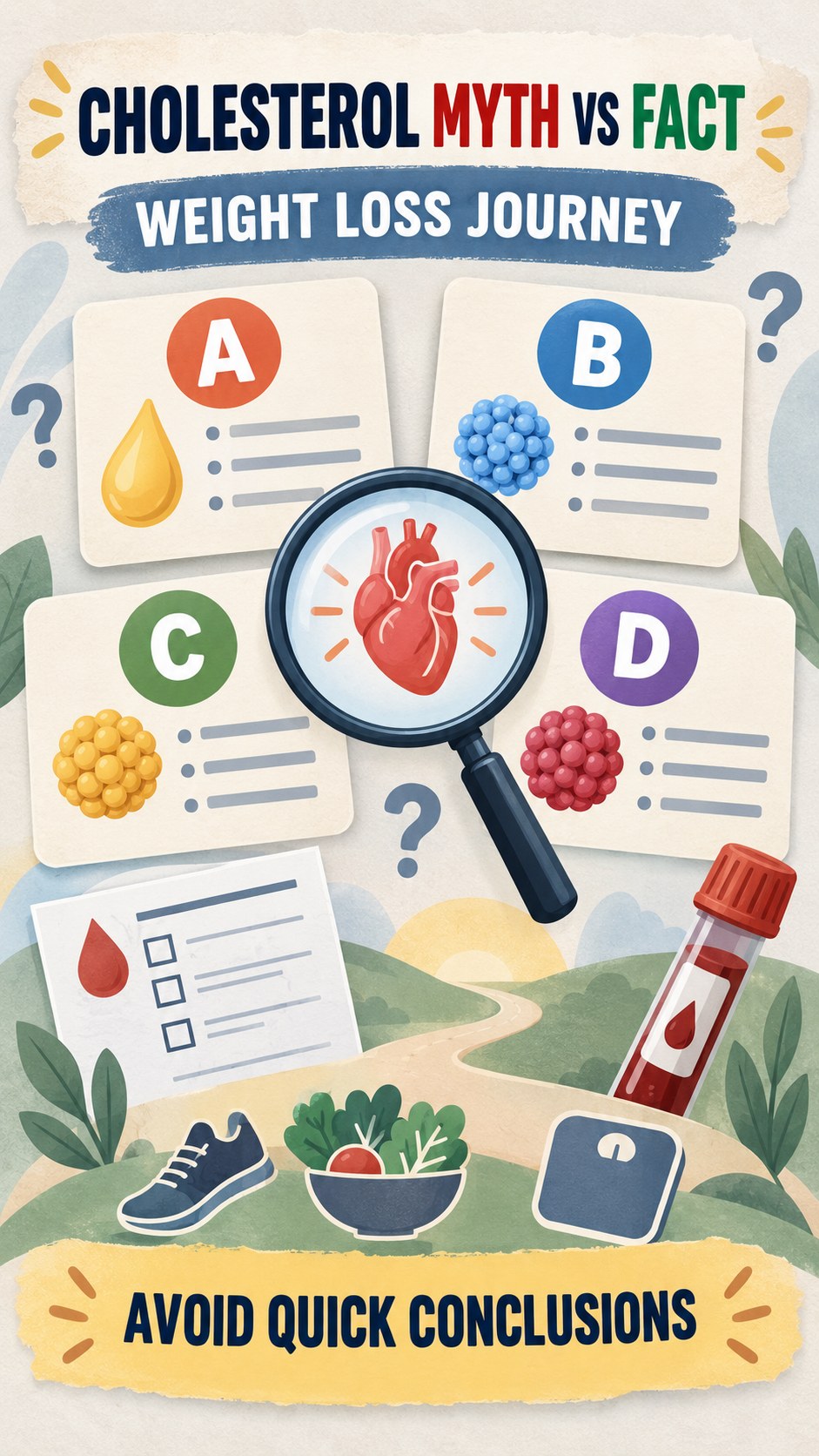 Cholesterol Myth Versus Fact infographic for Weight Loss Journey, using a non-numerical educational lipid-panel layout with question and context icons.