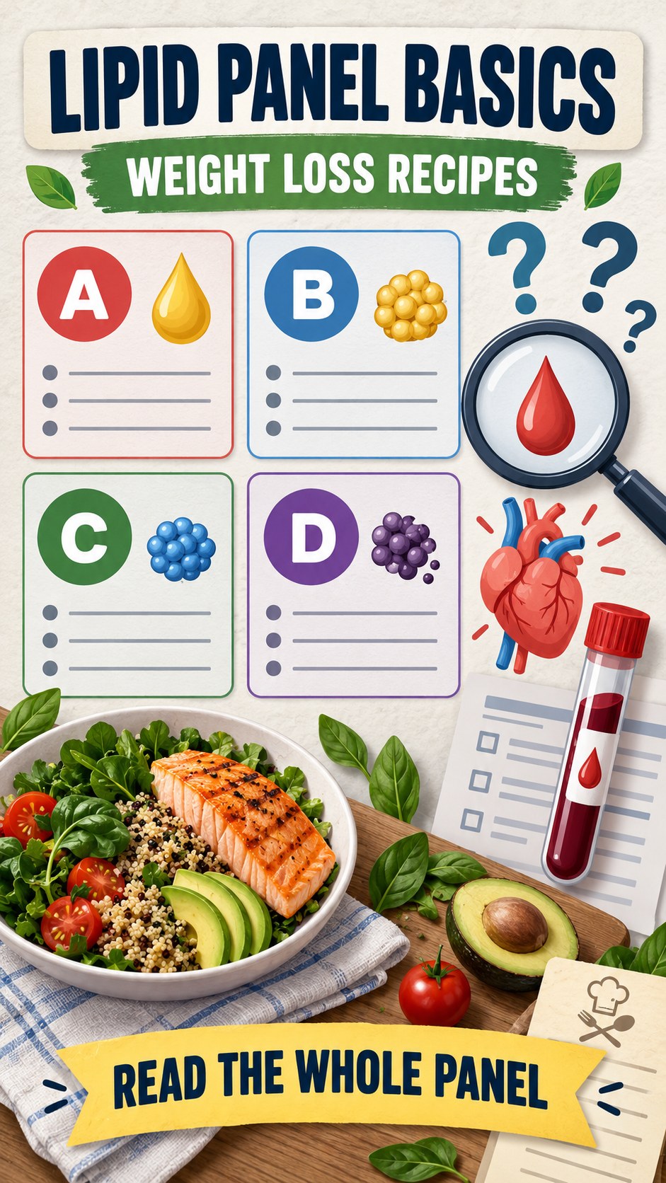 Lipid Panel Basics infographic for Weight Loss Recipes, using a non-numerical educational lipid-panel layout with question and context icons.