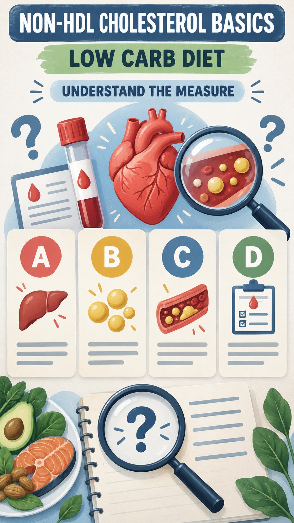 Non-HDL Cholesterol Basics infographic for Low Carb Diet, using a non-numerical educational lipid-panel layout with question and context icons.