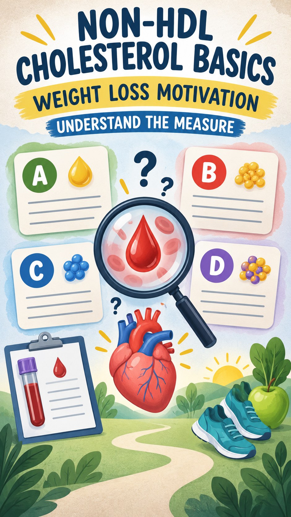 Non-HDL Cholesterol Basics infographic for Weight Loss Motivation, using a non-numerical educational lipid-panel layout with question and context icons.
