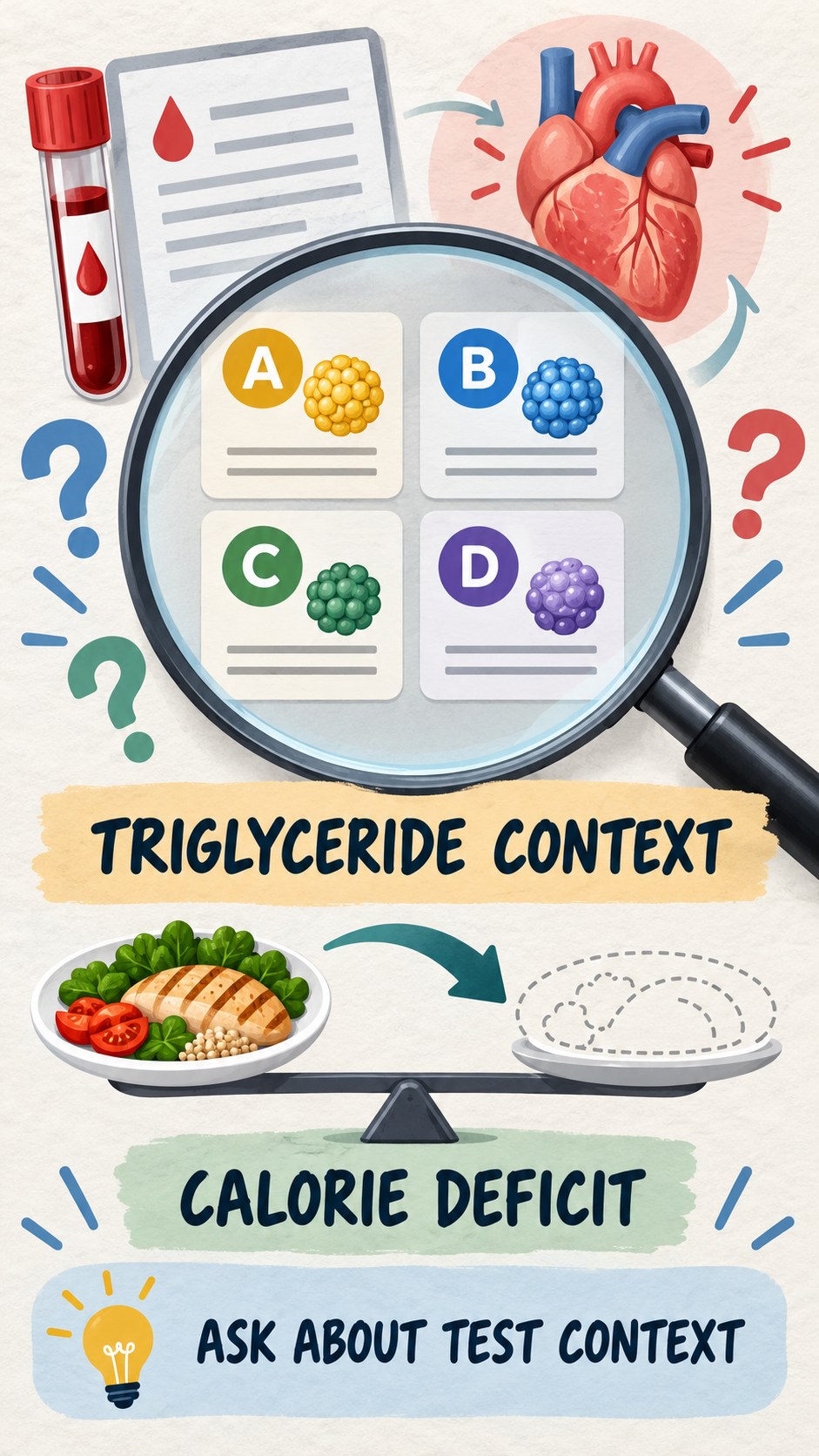 Triglyceride Context Checklist infographic for Calorie Deficit, using a non-numerical educational lipid-panel layout with question and context icons.
