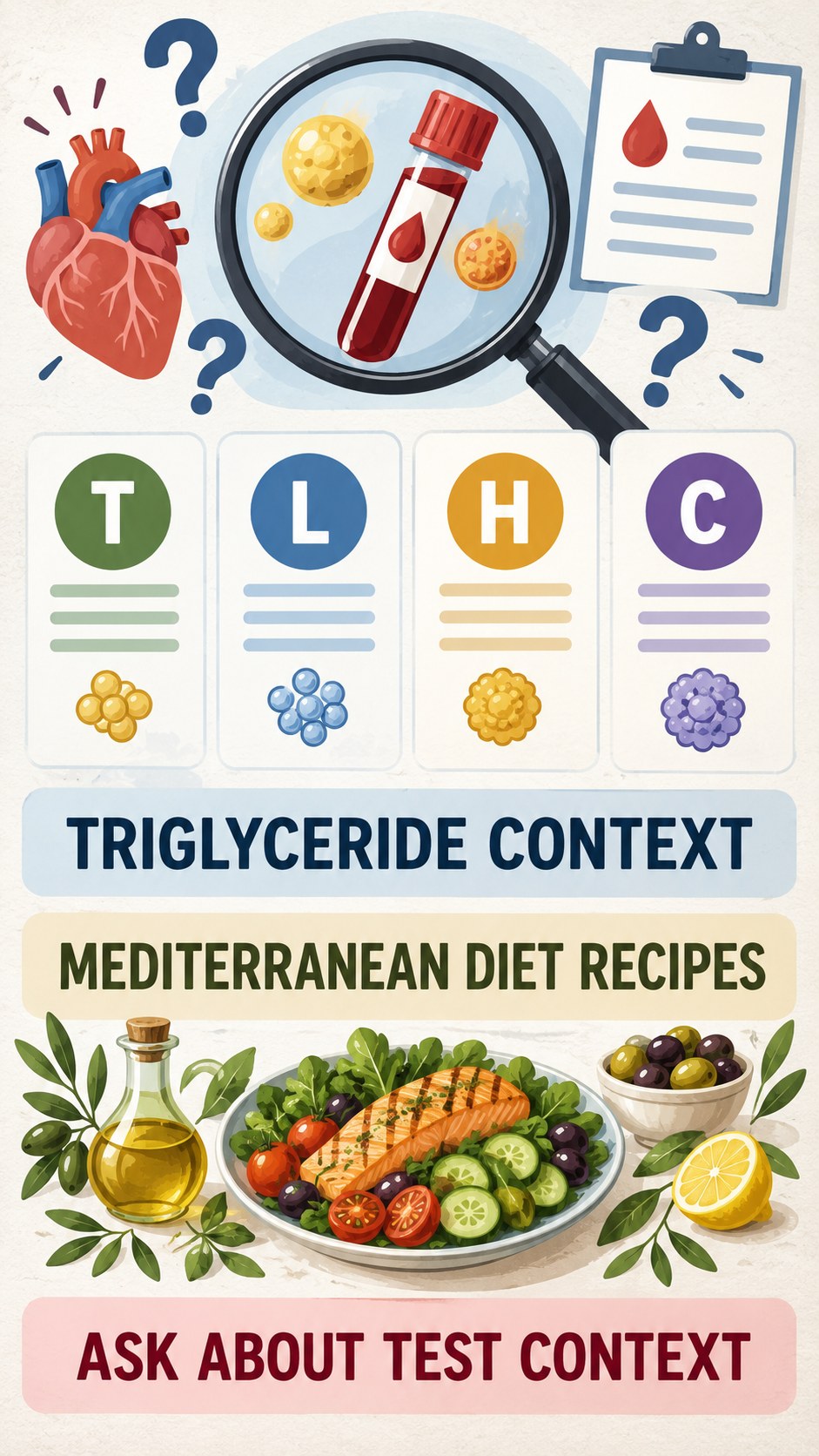 Triglyceride Context Checklist infographic for Mediterranean Diet Recipes, using a non-numerical educational lipid-panel layout with question and context icons.