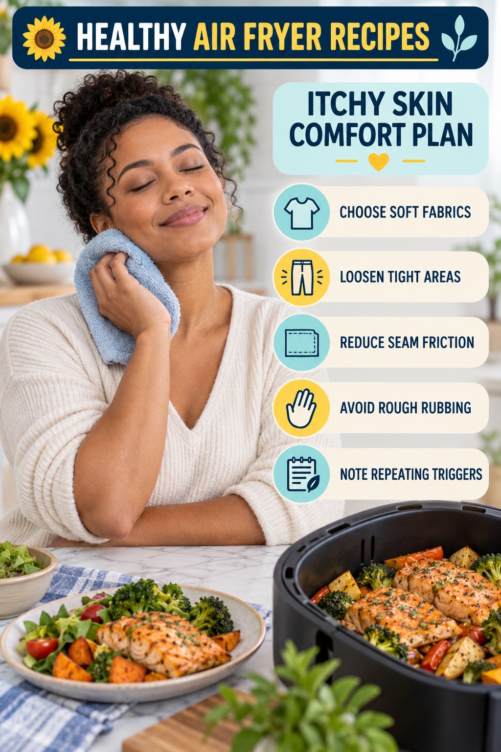 Clothing and Friction Checklist infographic for Healthy Air Fryer Recipes with five gentle itchy-skin comfort strategies and a non-diagnostic safety focus.