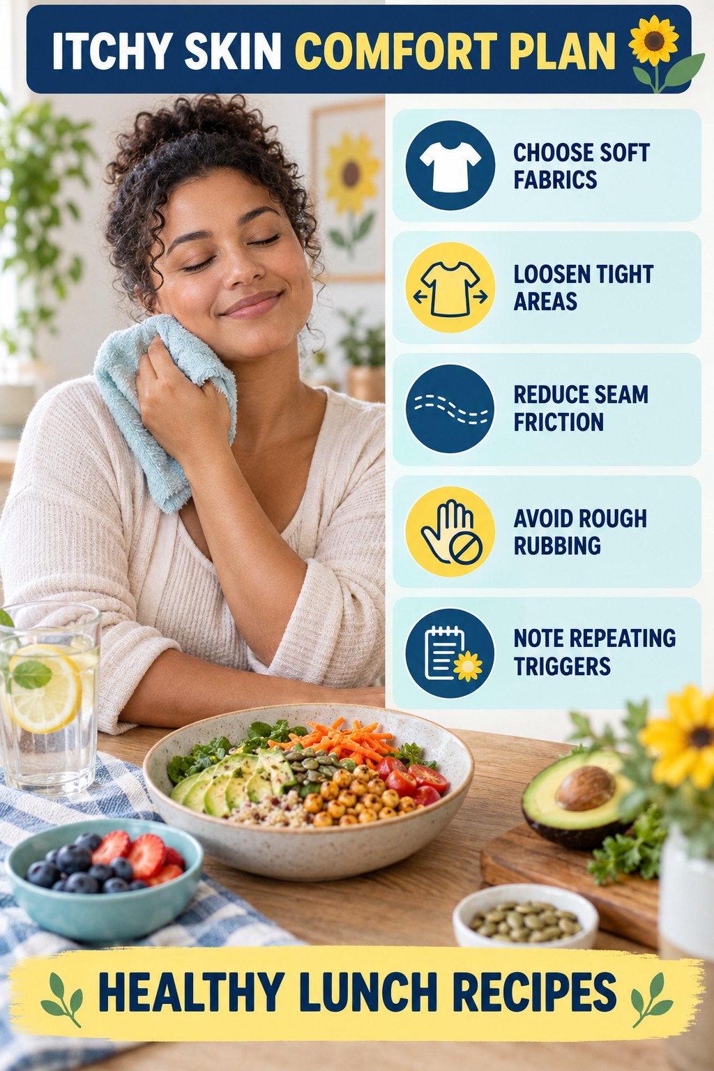 Clothing and Friction Checklist infographic for Healthy Lunch Recipes with five gentle itchy-skin comfort strategies and a non-diagnostic safety focus.