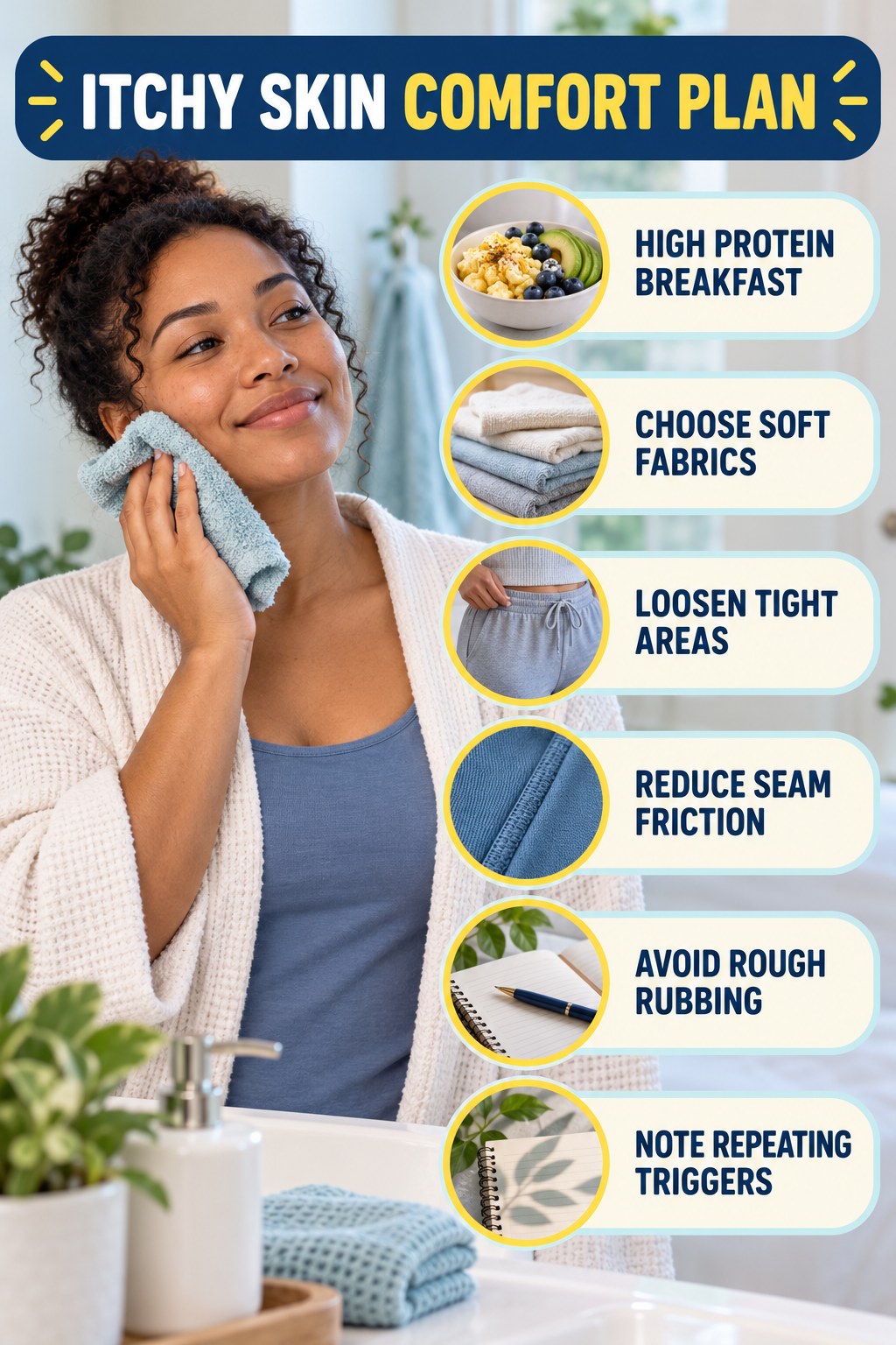 Clothing and Friction Checklist infographic for High Protein Breakfast with five gentle itchy-skin comfort strategies and a non-diagnostic safety focus.