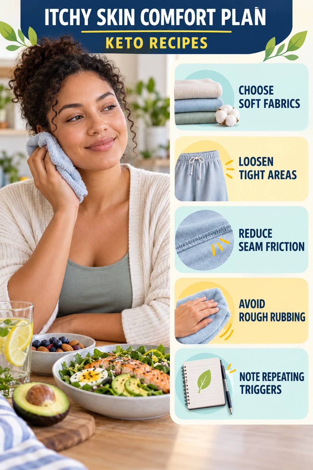 Clothing and Friction Checklist infographic for Keto Recipes with five gentle itchy-skin comfort strategies and a non-diagnostic safety focus.