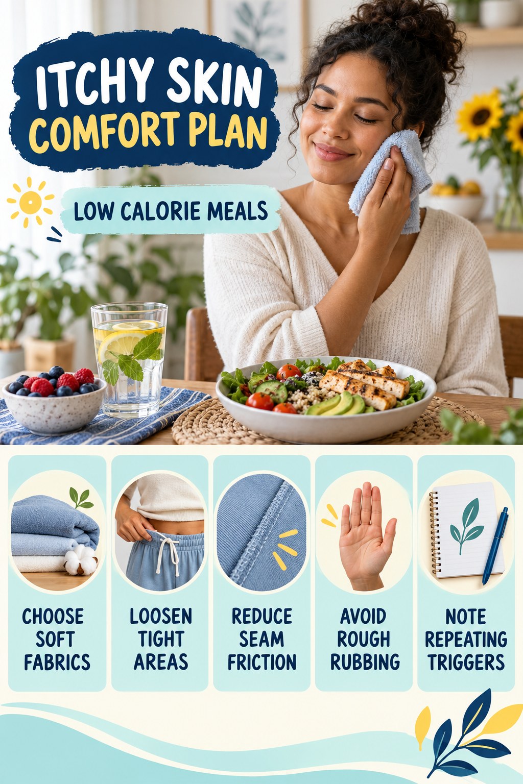 Clothing and Friction Checklist infographic for Low Calorie Meals with five gentle itchy-skin comfort strategies and a non-diagnostic safety focus.