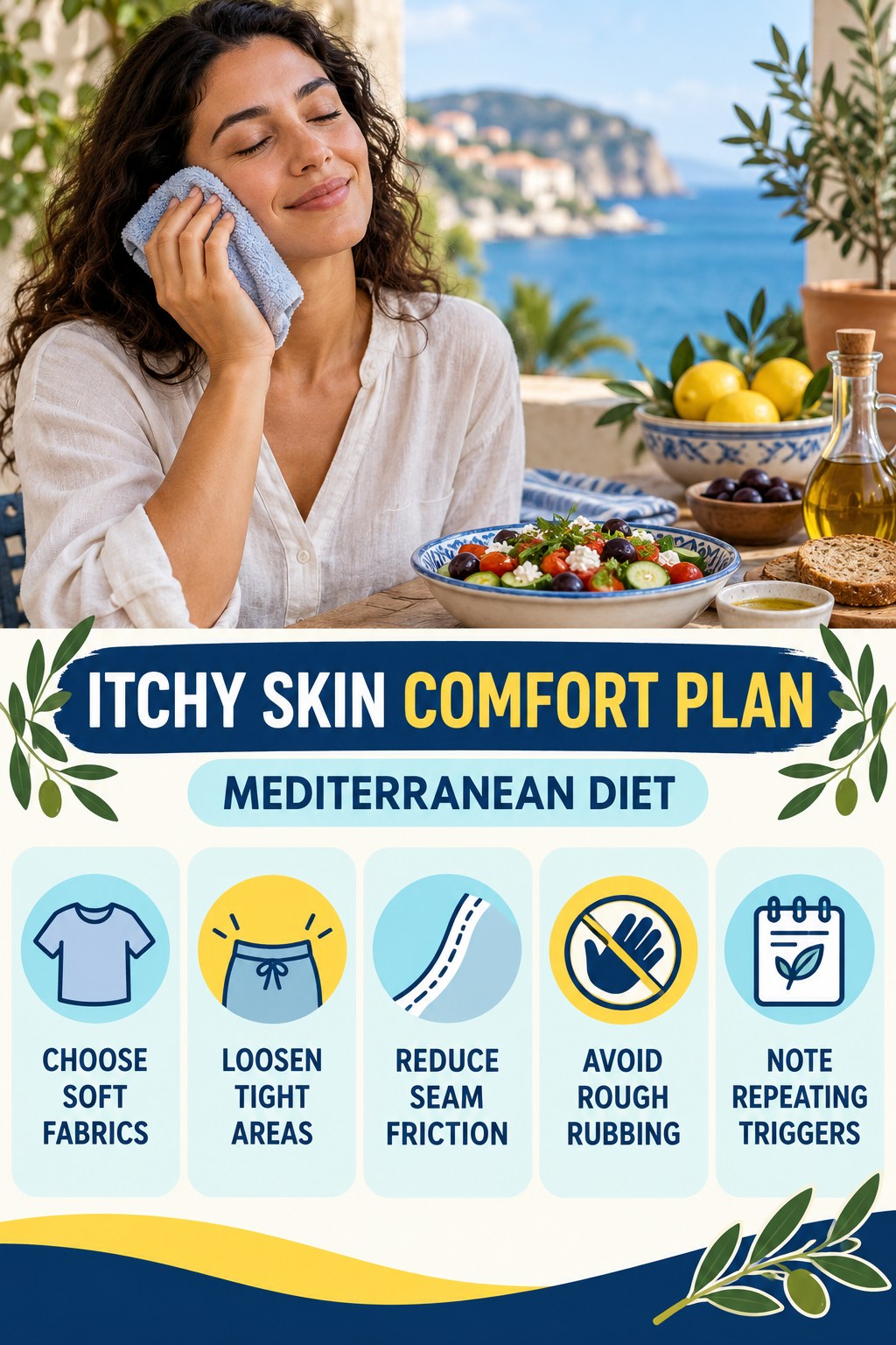 Clothing and Friction Checklist infographic for Mediterranean Diet with five gentle itchy-skin comfort strategies and a non-diagnostic safety focus.