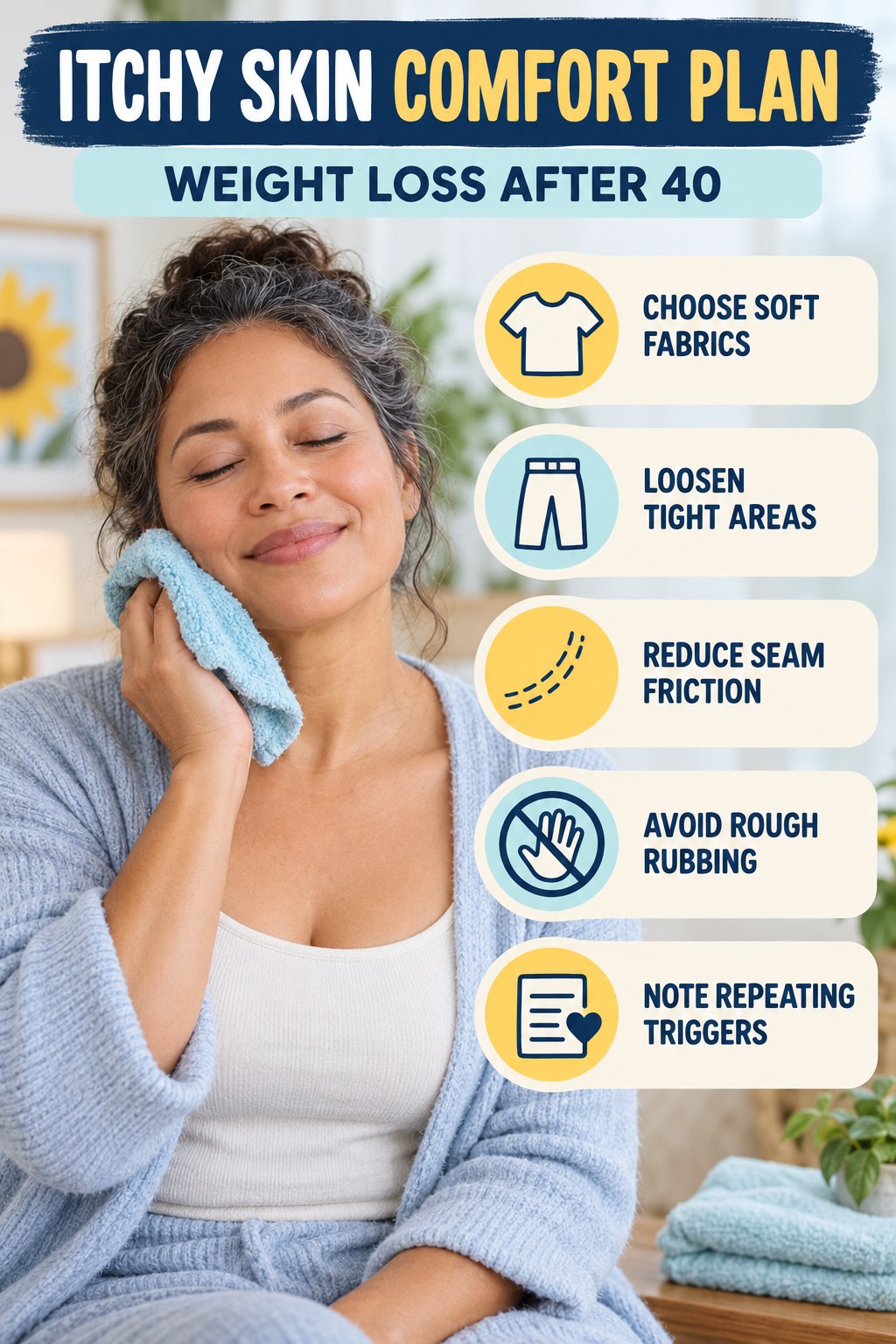 Clothing and Friction Checklist infographic for Weight Loss After 40 with five gentle itchy-skin comfort strategies and a non-diagnostic safety focus.