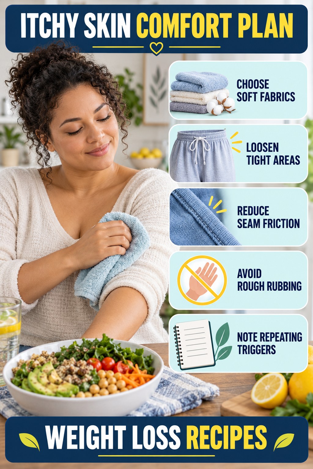 Clothing and Friction Checklist infographic for Weight Loss Recipes with five gentle itchy-skin comfort strategies and a non-diagnostic safety focus.