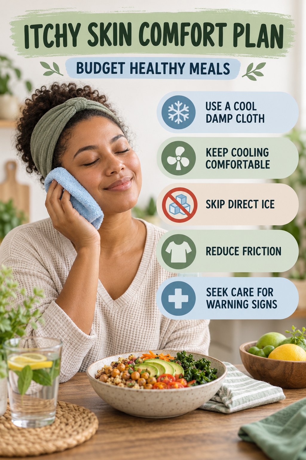 Cool Compress Comfort Guide infographic for Budget Healthy Meals with five gentle itchy-skin comfort strategies and a non-diagnostic safety focus.