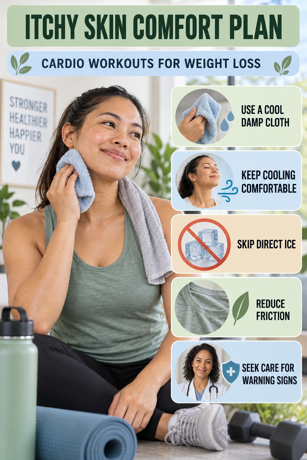 Cool Compress Comfort Guide infographic for Cardio Workouts for Weight Loss with five gentle itchy-skin comfort strategies and a non-diagnostic safety focus.