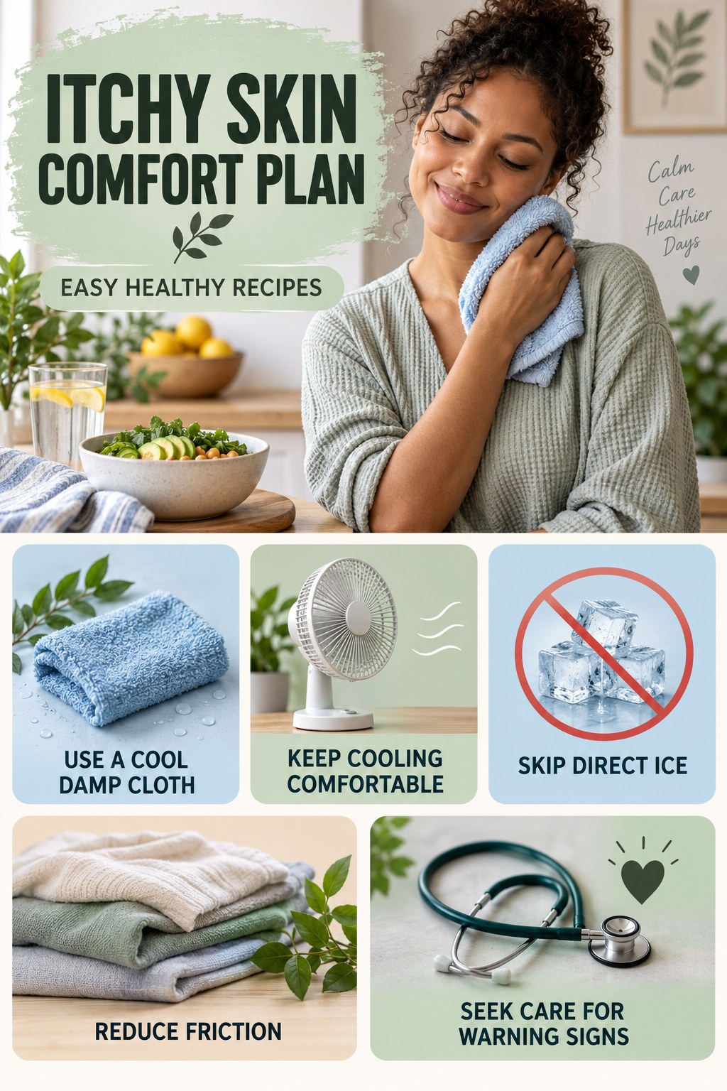 Cool Compress Comfort Guide infographic for Easy Healthy Recipes with five gentle itchy-skin comfort strategies and a non-diagnostic safety focus.