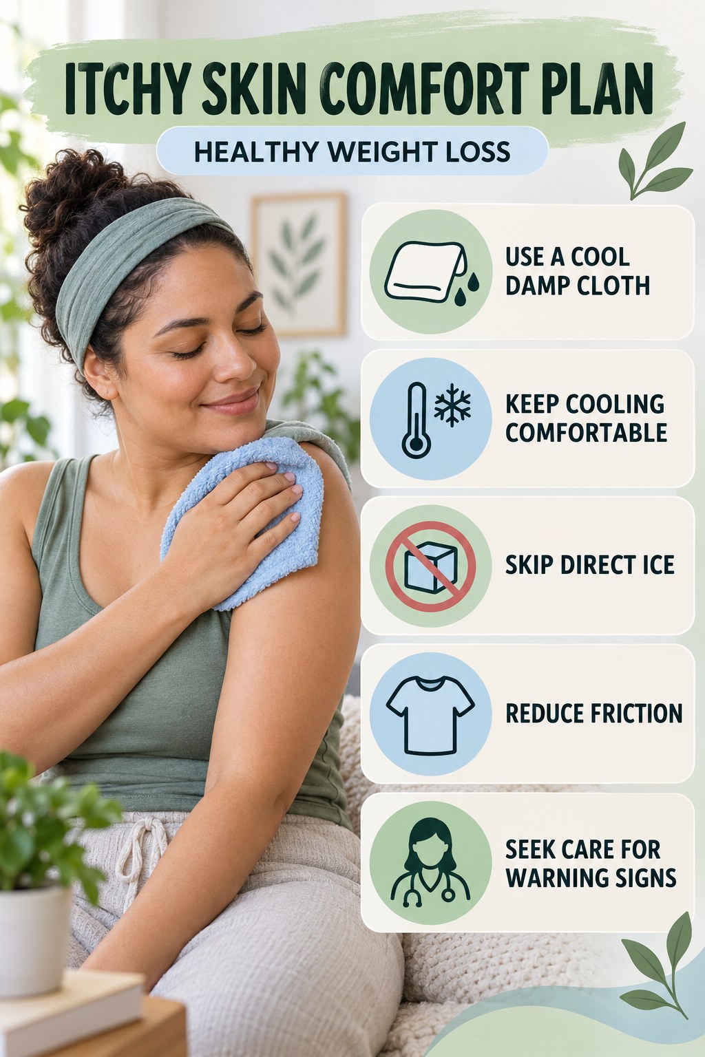 Cool Compress Comfort Guide infographic for Healthy Weight Loss with five gentle itchy-skin comfort strategies and a non-diagnostic safety focus.