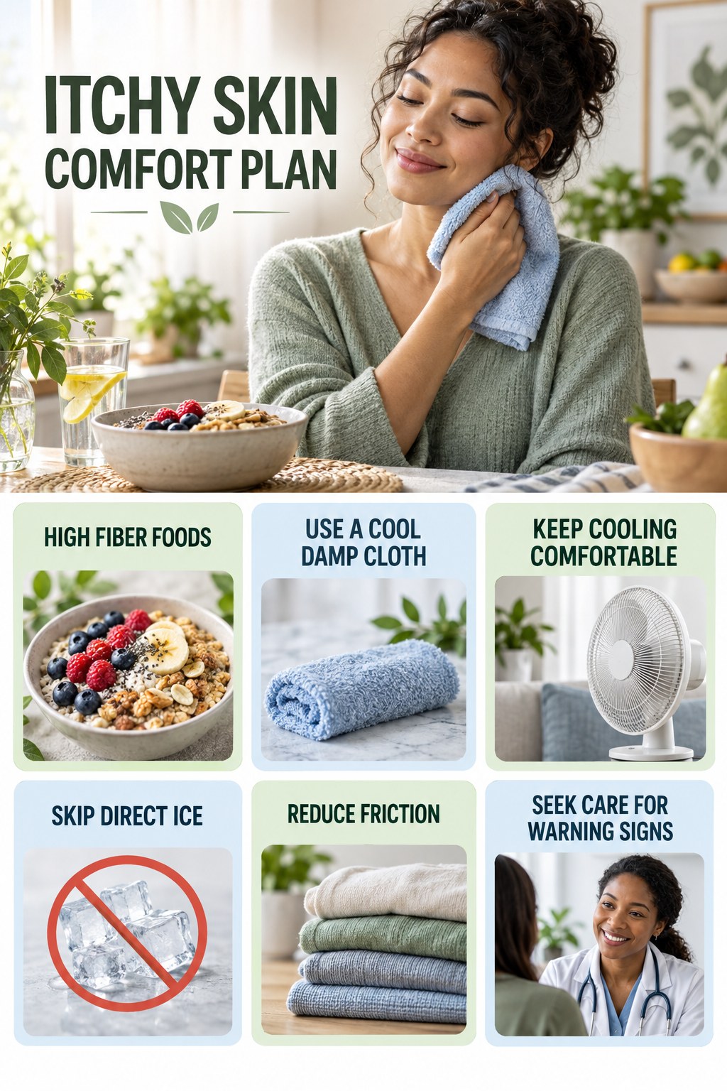 Cool Compress Comfort Guide infographic for High Fiber Foods with five gentle itchy-skin comfort strategies and a non-diagnostic safety focus.