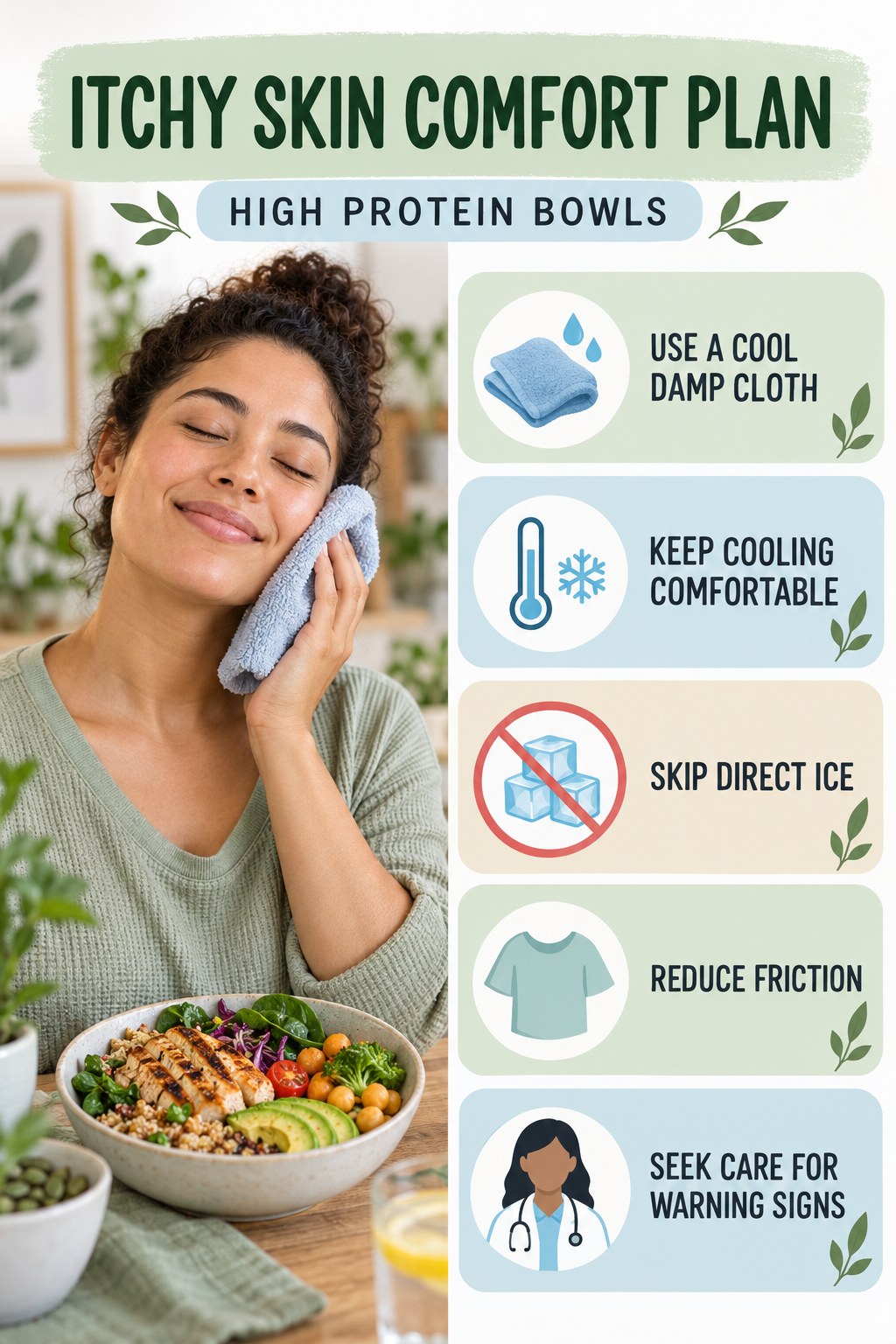 Cool Compress Comfort Guide infographic for High Protein Bowls with five gentle itchy-skin comfort strategies and a non-diagnostic safety focus.