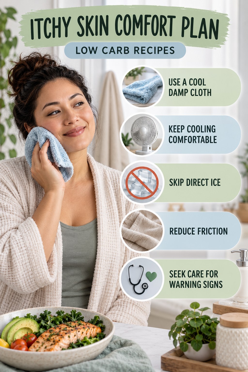 Cool Compress Comfort Guide infographic for Low Carb Recipes with five gentle itchy-skin comfort strategies and a non-diagnostic safety focus.