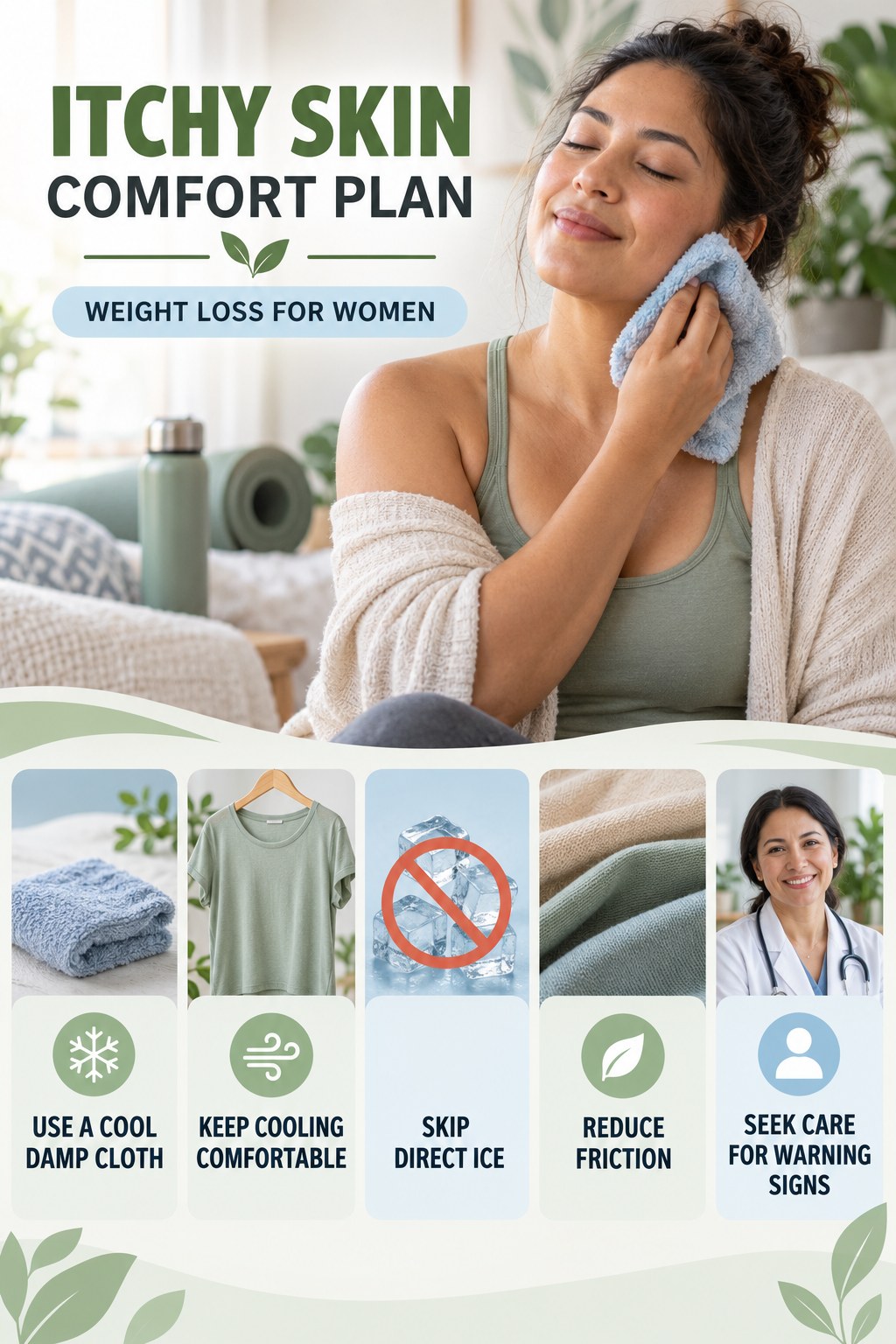 Cool Compress Comfort Guide infographic for Weight Loss for Women with five gentle itchy-skin comfort strategies and a non-diagnostic safety focus.