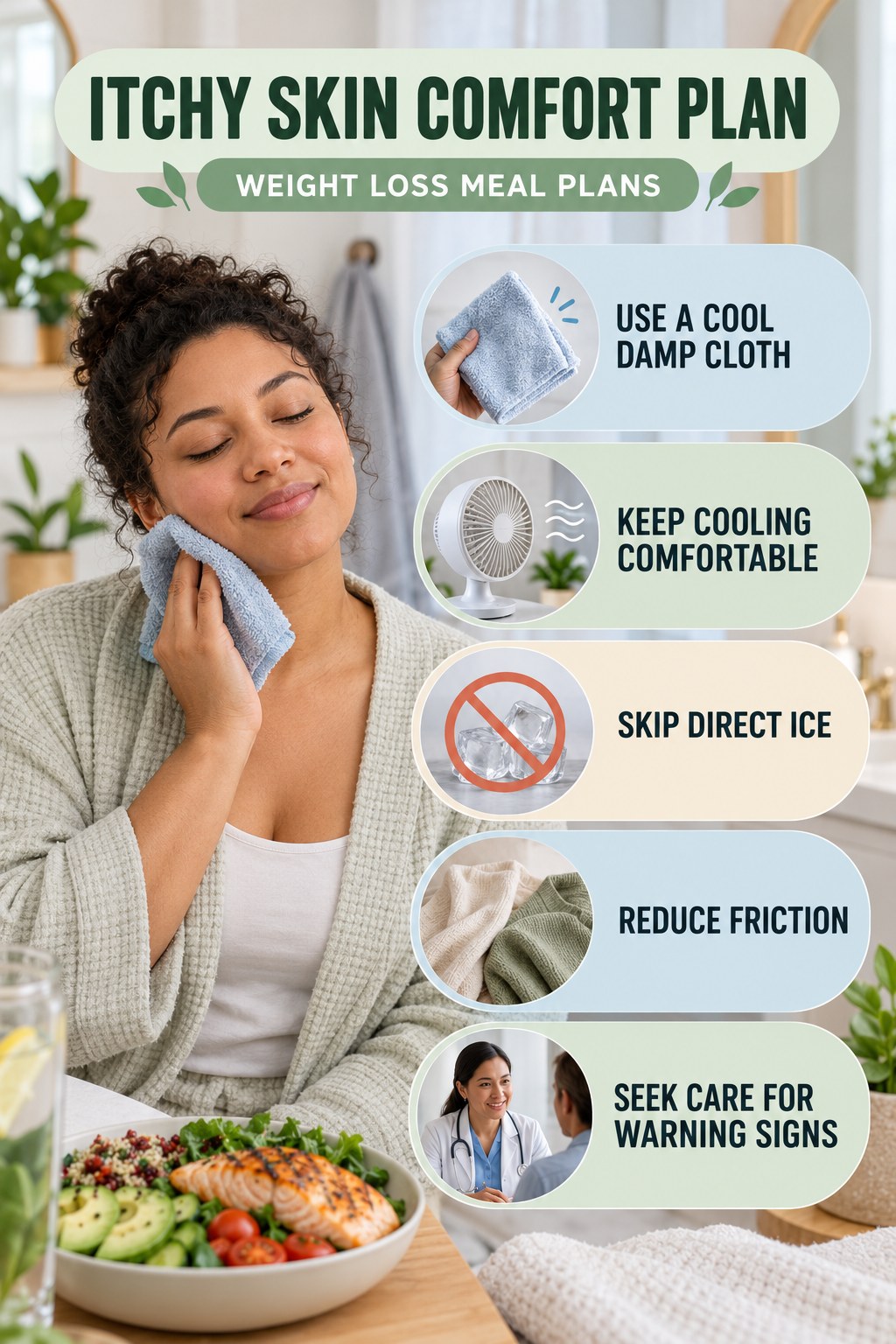 Cool Compress Comfort Guide infographic for Weight Loss Meal Plans with five gentle itchy-skin comfort strategies and a non-diagnostic safety focus.