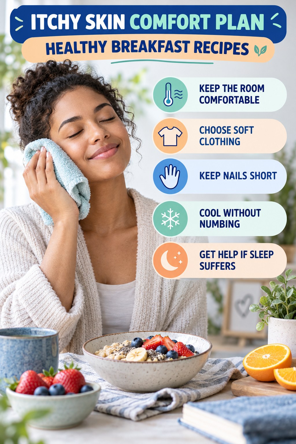 Nighttime Itch Comfort Routine infographic for Healthy Breakfast Recipes with five gentle itchy-skin comfort strategies and a non-diagnostic safety focus.