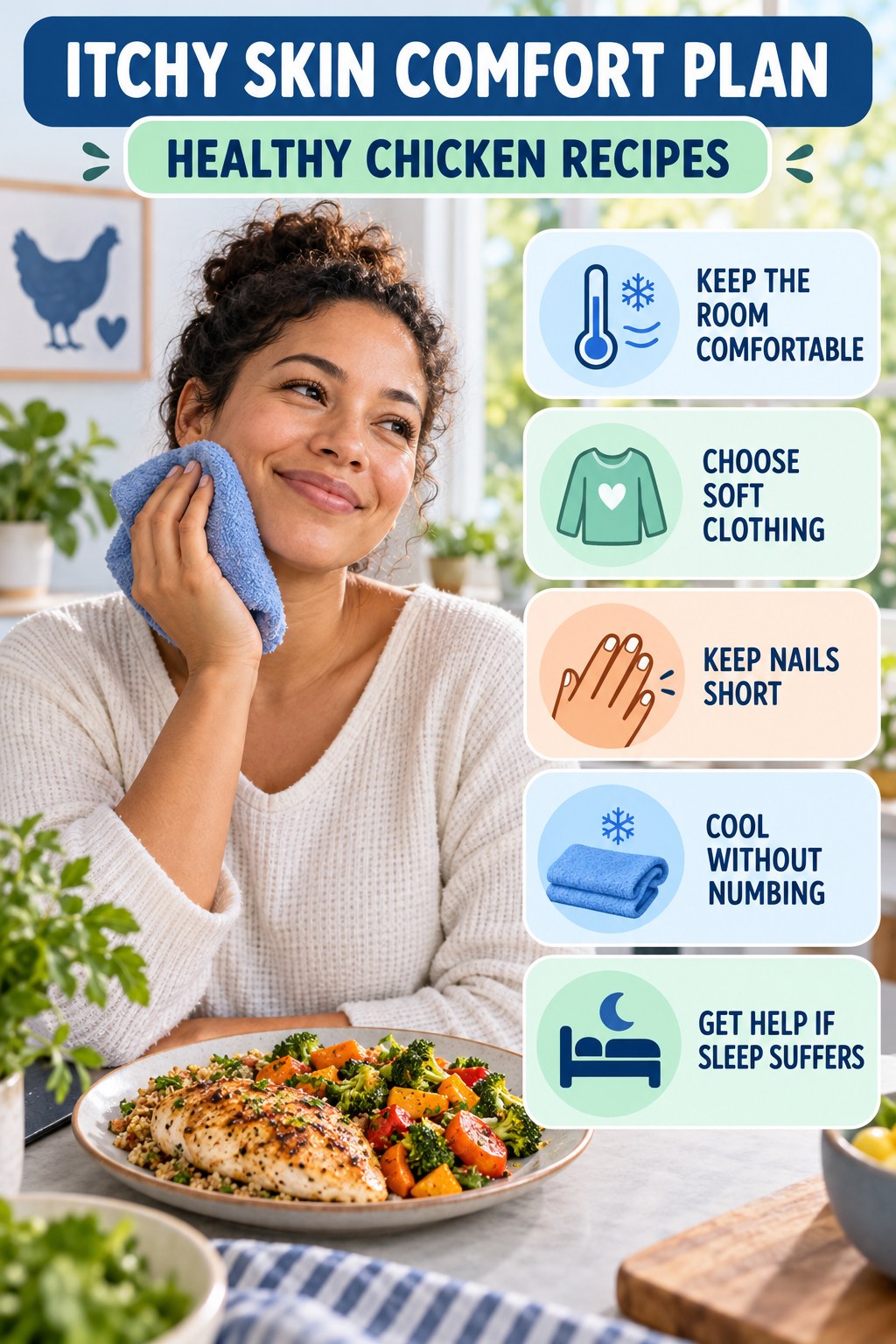 Nighttime Itch Comfort Routine infographic for Healthy Chicken Recipes with five gentle itchy-skin comfort strategies and a non-diagnostic safety focus.