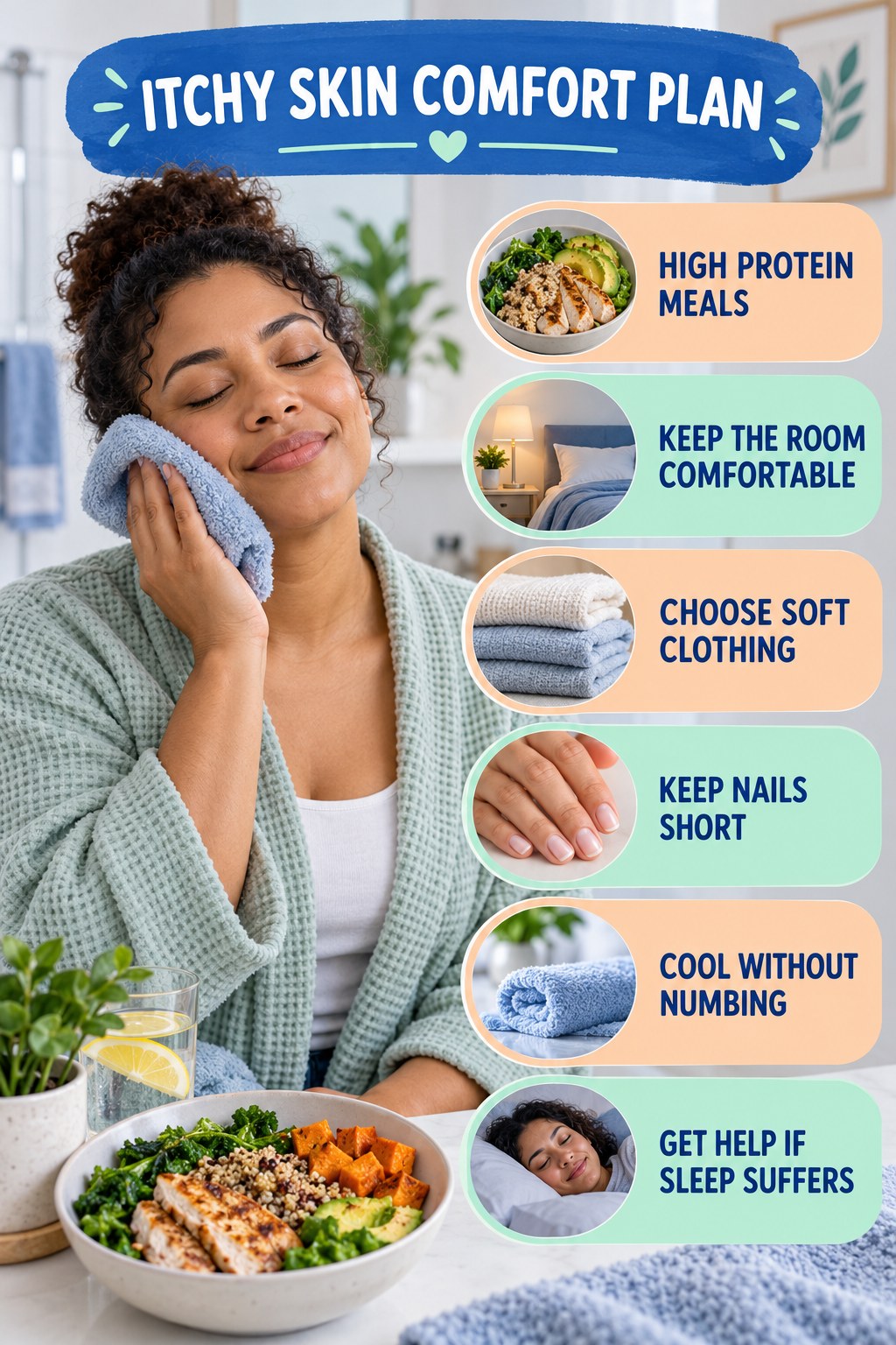 Nighttime Itch Comfort Routine infographic for High Protein Meals with five gentle itchy-skin comfort strategies and a non-diagnostic safety focus.