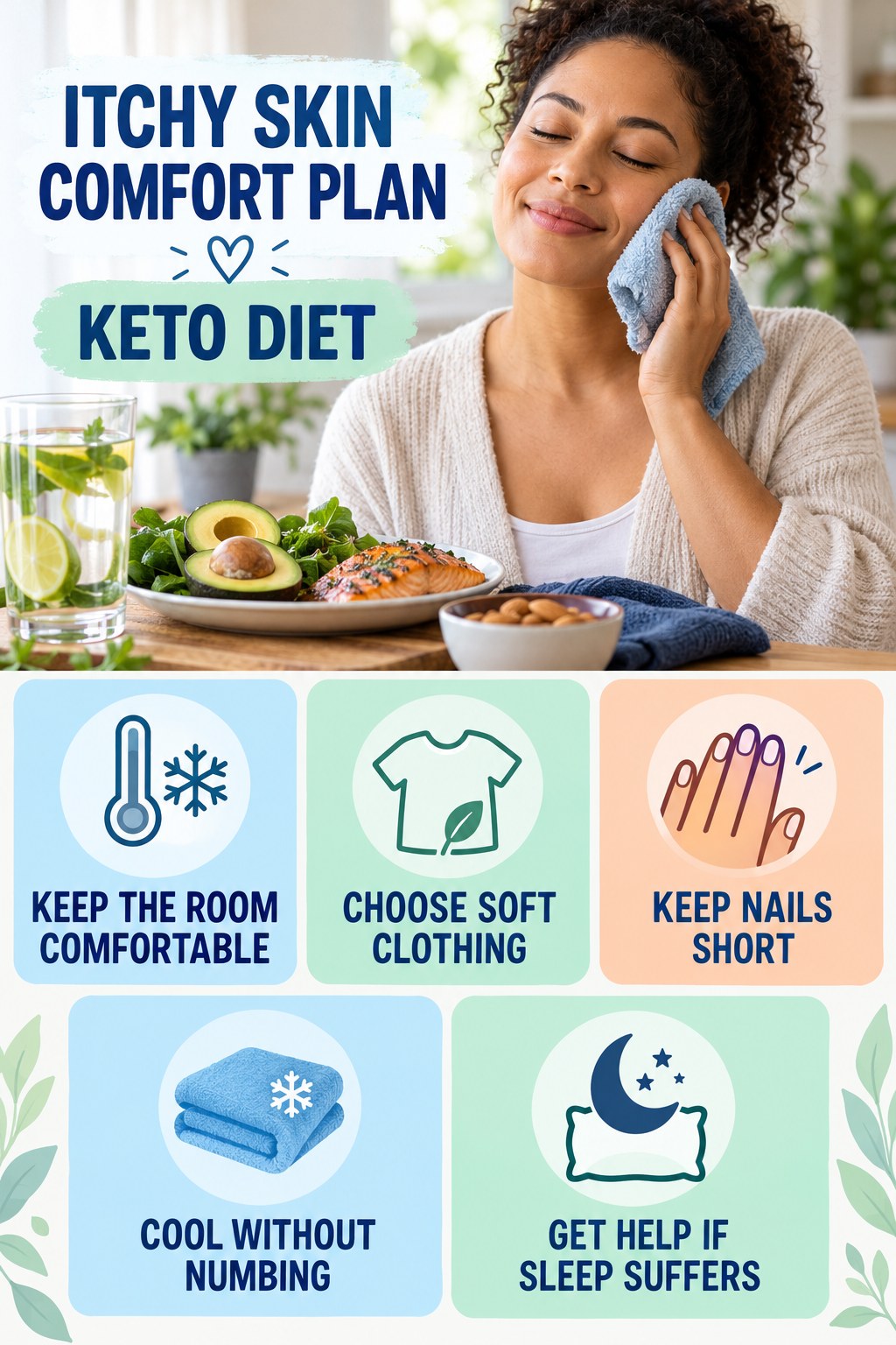 Nighttime Itch Comfort Routine infographic for Keto Diet with five gentle itchy-skin comfort strategies and a non-diagnostic safety focus.