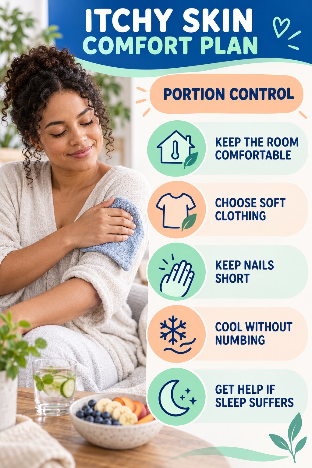 Nighttime Itch Comfort Routine infographic for Portion Control with five gentle itchy-skin comfort strategies and a non-diagnostic safety focus.