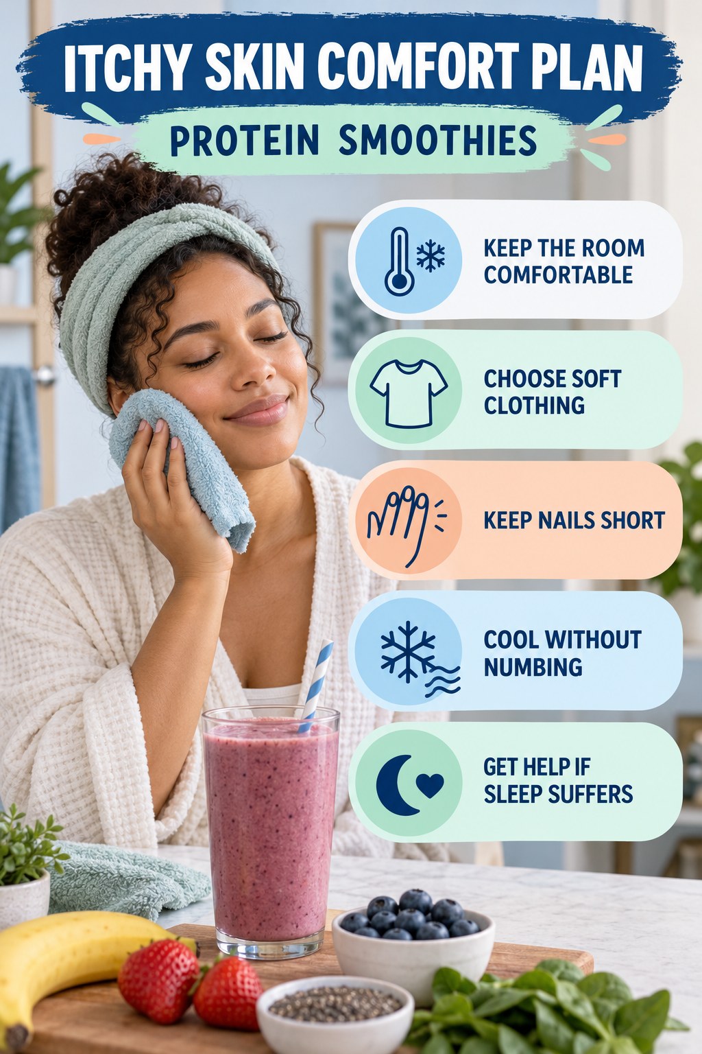 Nighttime Itch Comfort Routine infographic for Protein Smoothies with five gentle itchy-skin comfort strategies and a non-diagnostic safety focus.