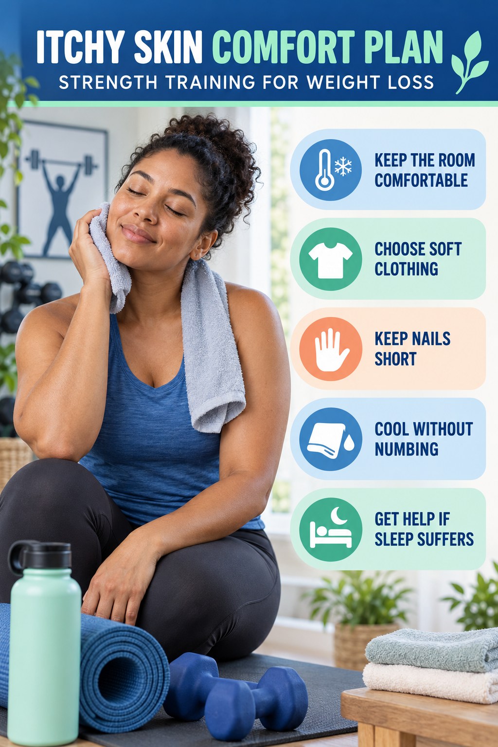 Nighttime Itch Comfort Routine infographic for Strength Training for Weight Loss with five gentle itchy-skin comfort strategies and a non-diagnostic safety focus.