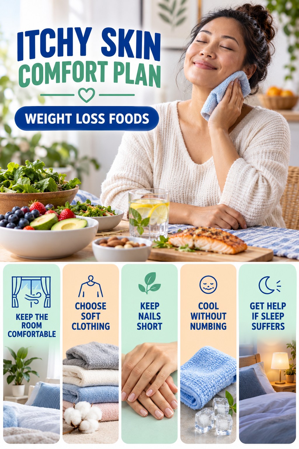 Nighttime Itch Comfort Routine infographic for Weight Loss Foods with five gentle itchy-skin comfort strategies and a non-diagnostic safety focus.
