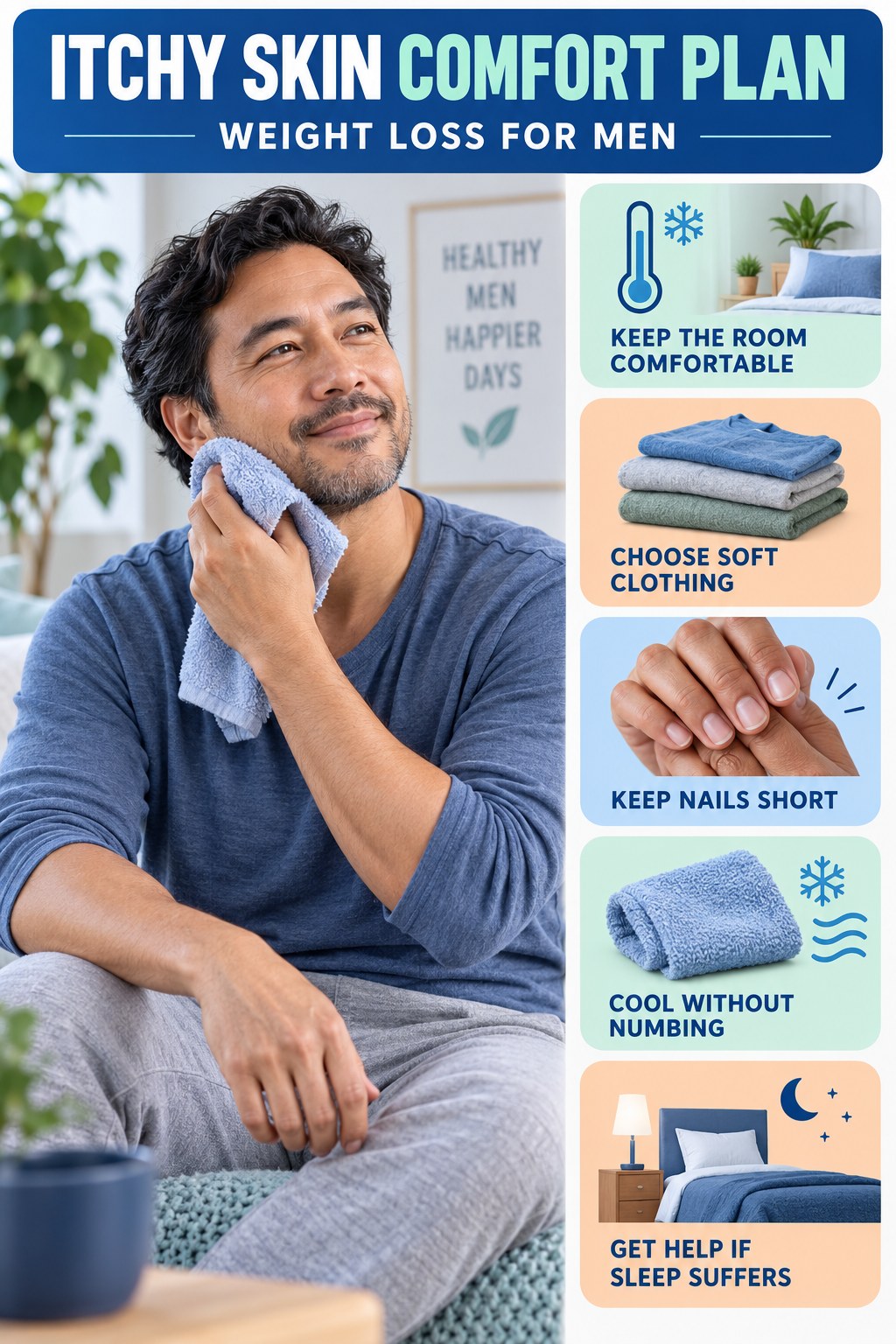 Nighttime Itch Comfort Routine infographic for Weight Loss for Men with five gentle itchy-skin comfort strategies and a non-diagnostic safety focus.