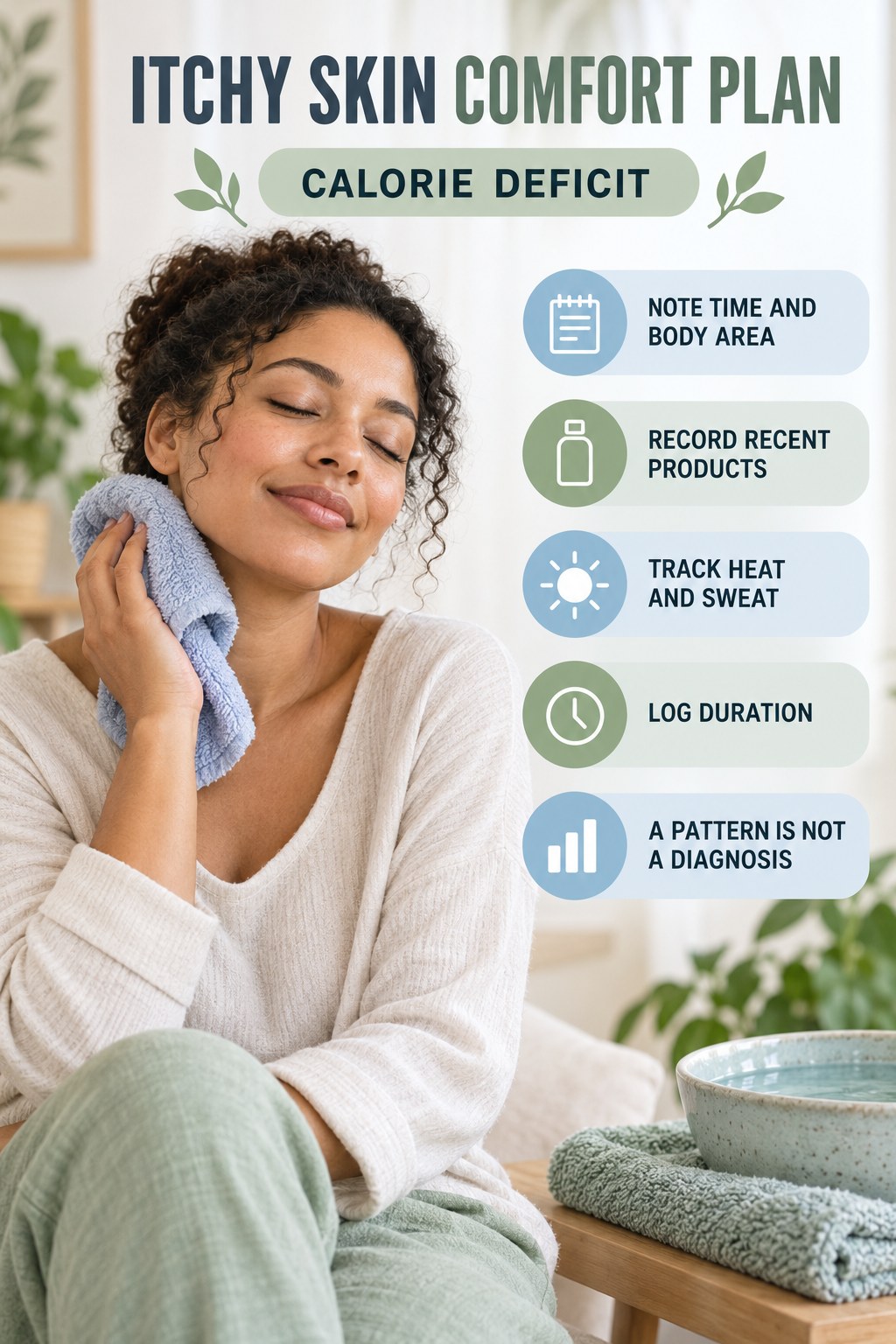 Pattern Diary for Recurring Itch infographic for Calorie Deficit with five gentle itchy-skin comfort strategies and a non-diagnostic safety focus.