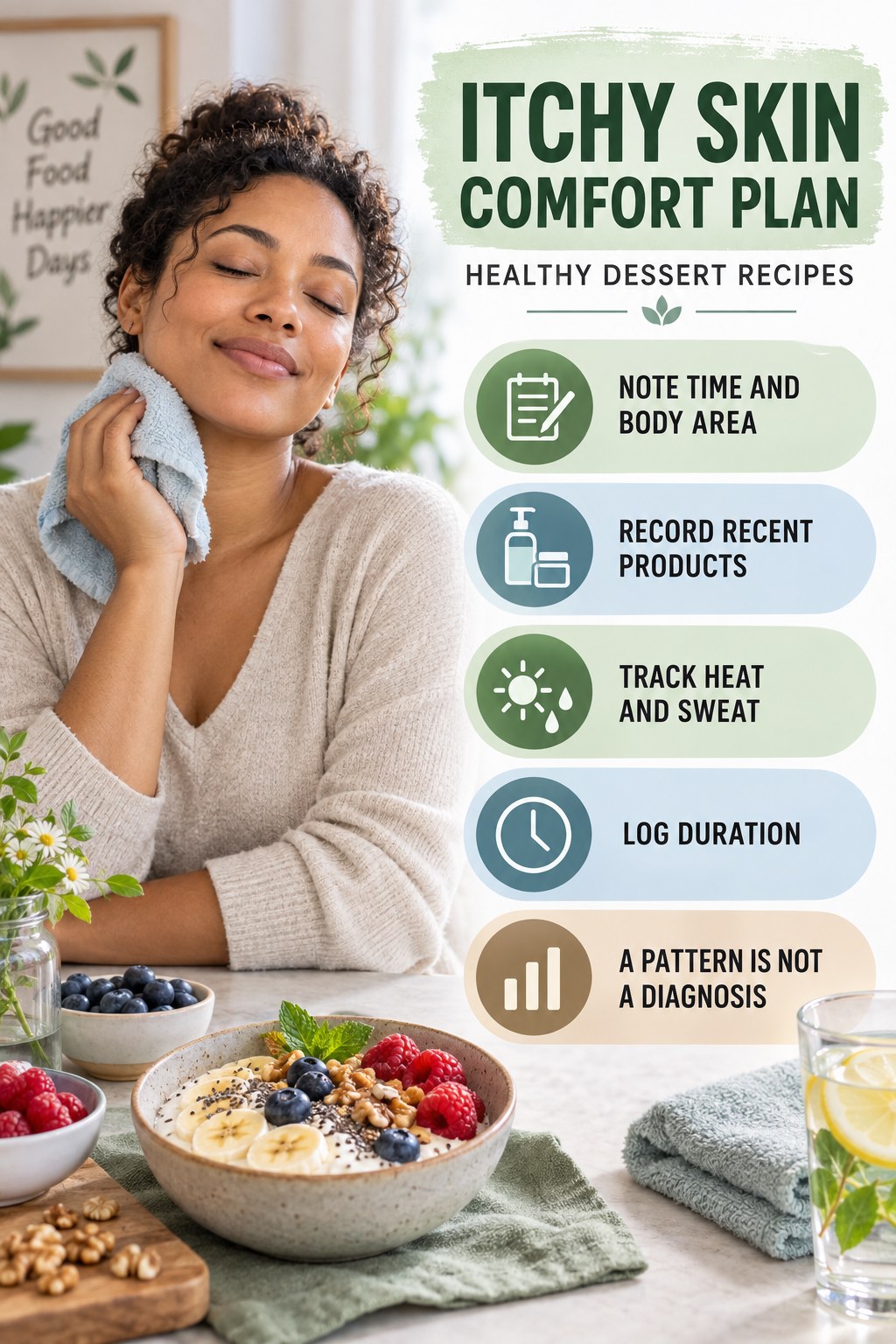 Pattern Diary for Recurring Itch infographic for Healthy Dessert Recipes with five gentle itchy-skin comfort strategies and a non-diagnostic safety focus.