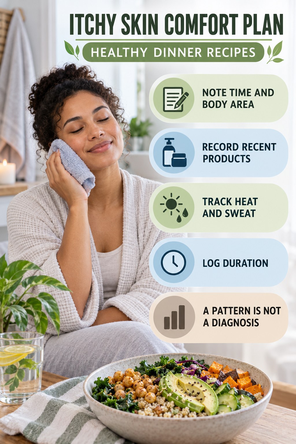 Pattern Diary for Recurring Itch infographic for Healthy Dinner Recipes with five gentle itchy-skin comfort strategies and a non-diagnostic safety focus.