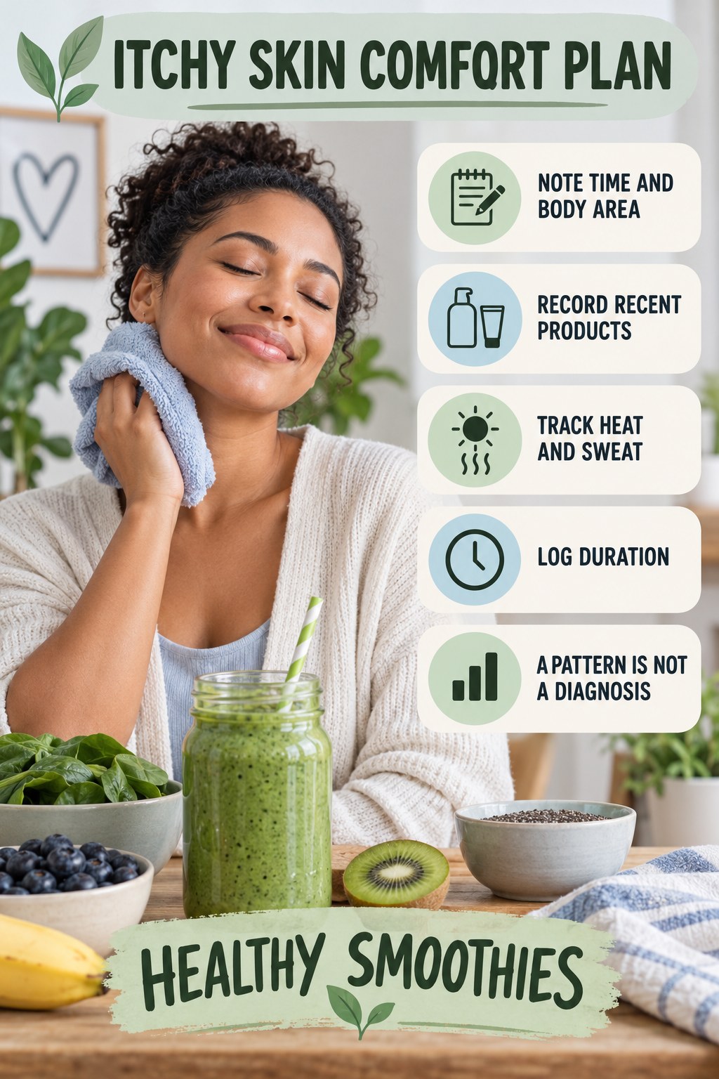 Pattern Diary for Recurring Itch infographic for Healthy Smoothies with five gentle itchy-skin comfort strategies and a non-diagnostic safety focus.