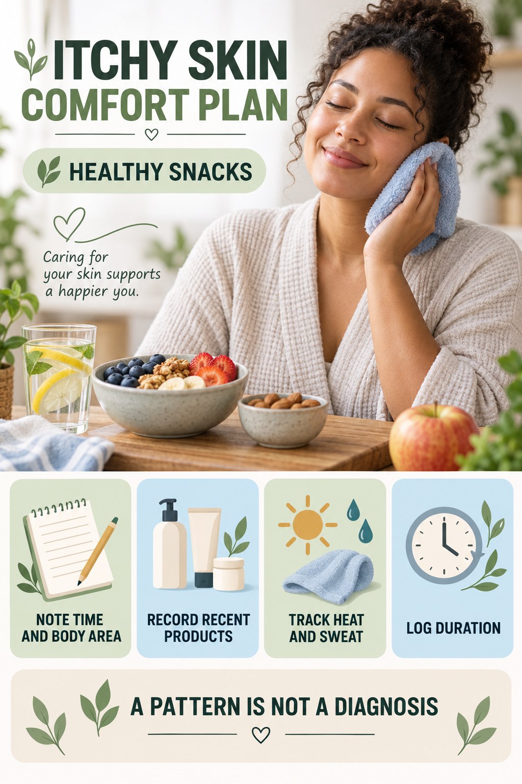 Pattern Diary for Recurring Itch infographic for Healthy Snacks with five gentle itchy-skin comfort strategies and a non-diagnostic safety focus.