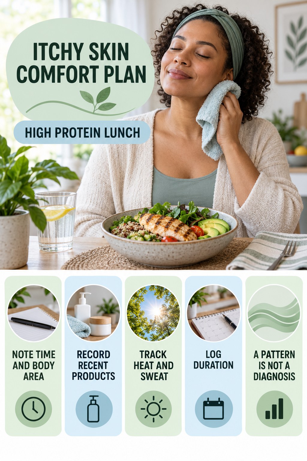 Pattern Diary for Recurring Itch infographic for High Protein Lunch with five gentle itchy-skin comfort strategies and a non-diagnostic safety focus.