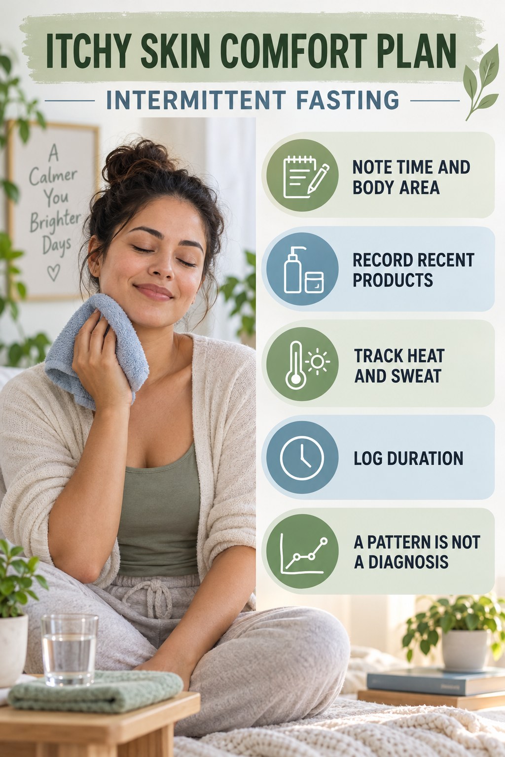 Pattern Diary for Recurring Itch infographic for Intermittent Fasting with five gentle itchy-skin comfort strategies and a non-diagnostic safety focus.