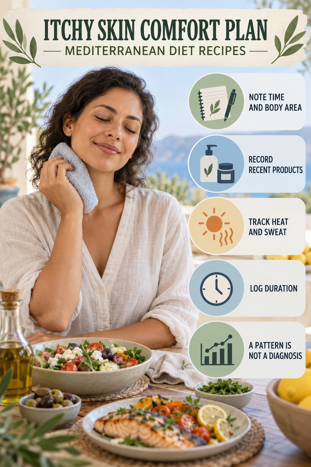 Pattern Diary for Recurring Itch infographic for Mediterranean Diet Recipes with five gentle itchy-skin comfort strategies and a non-diagnostic safety focus.